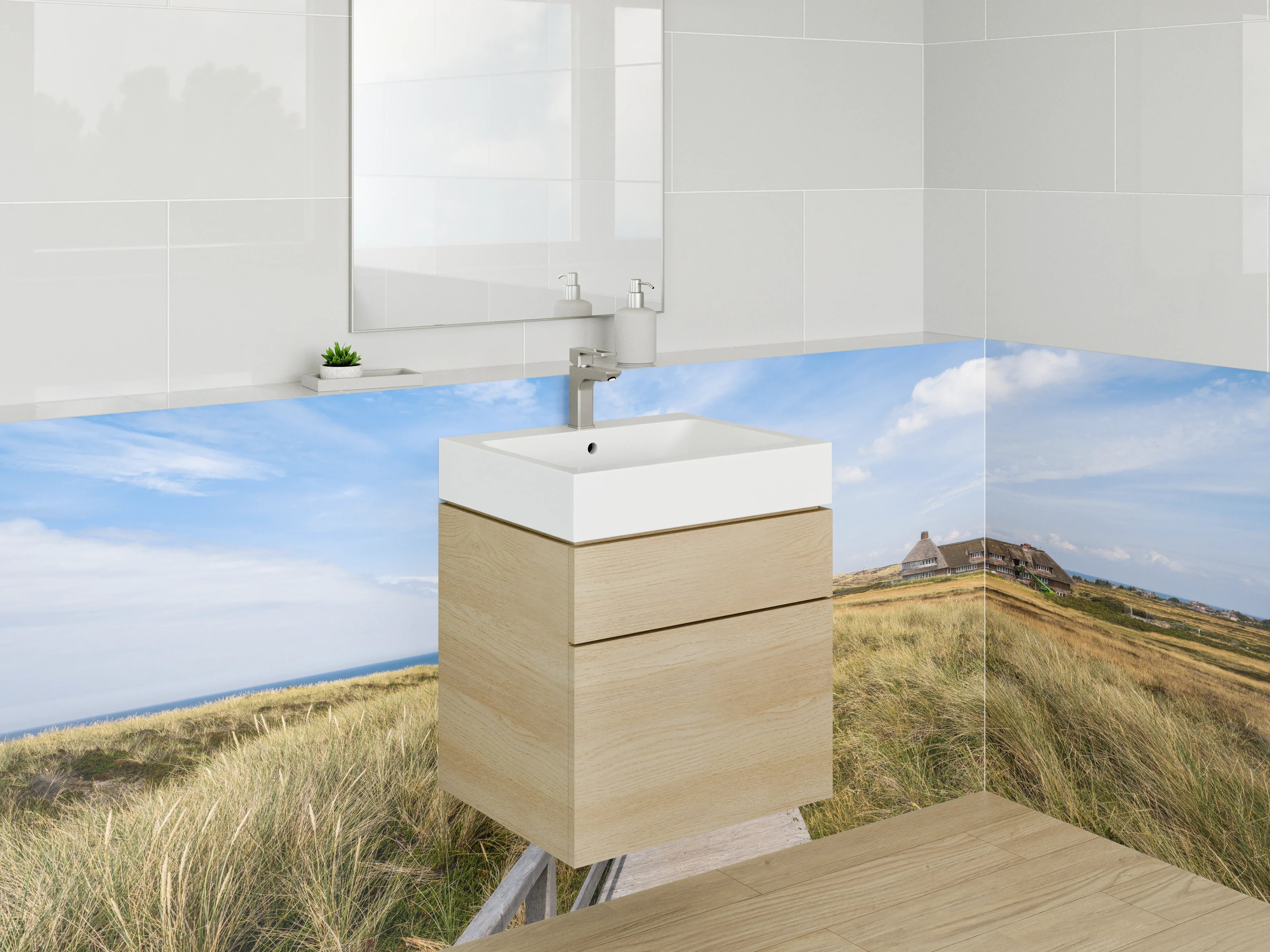 Waschbecken-Rückwand - Panorama Nordseeküste Holzsteg Dünen