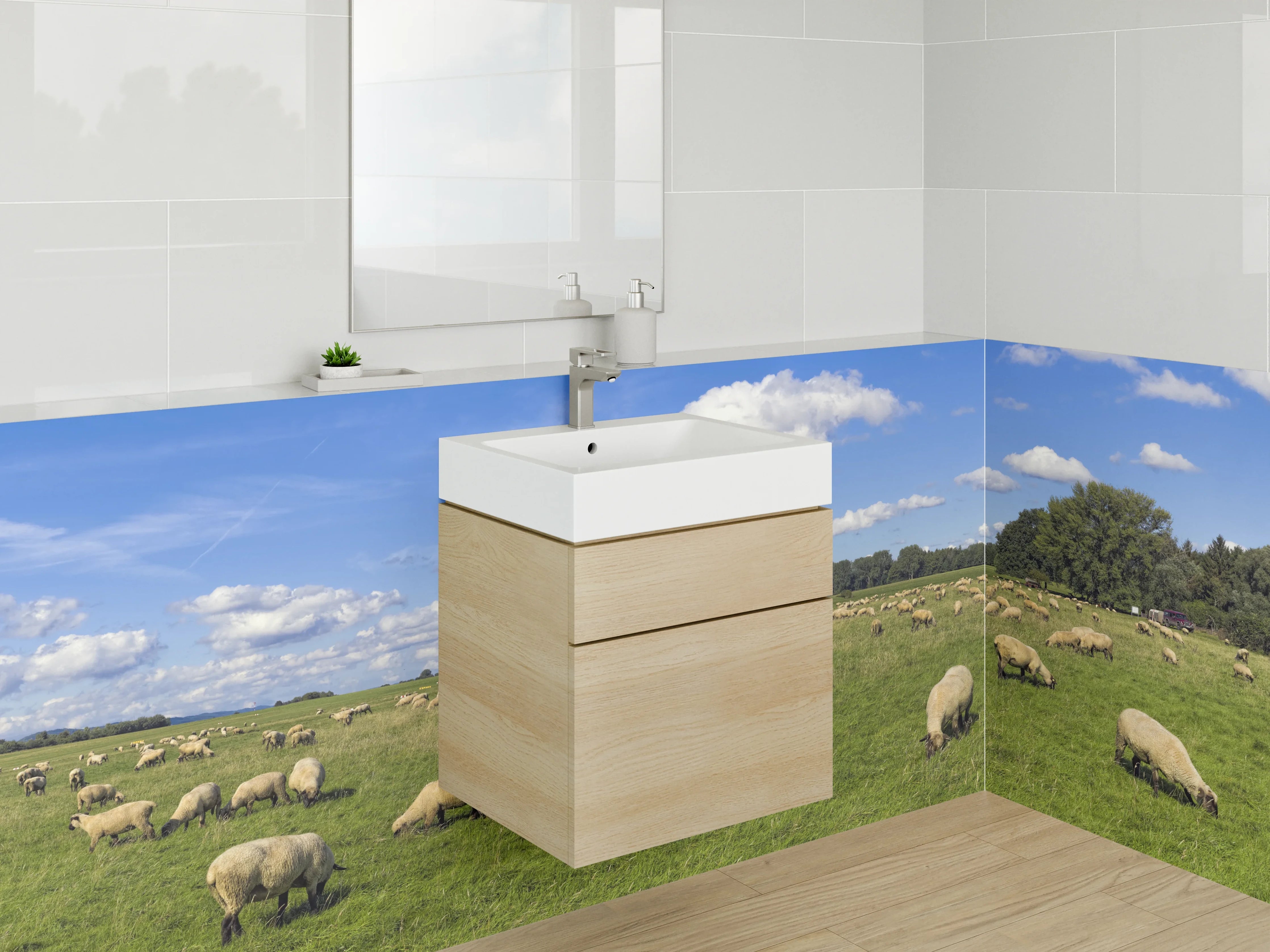 Waschbecken-Rückwand - Panorama Schafweide unter blauem Himmel