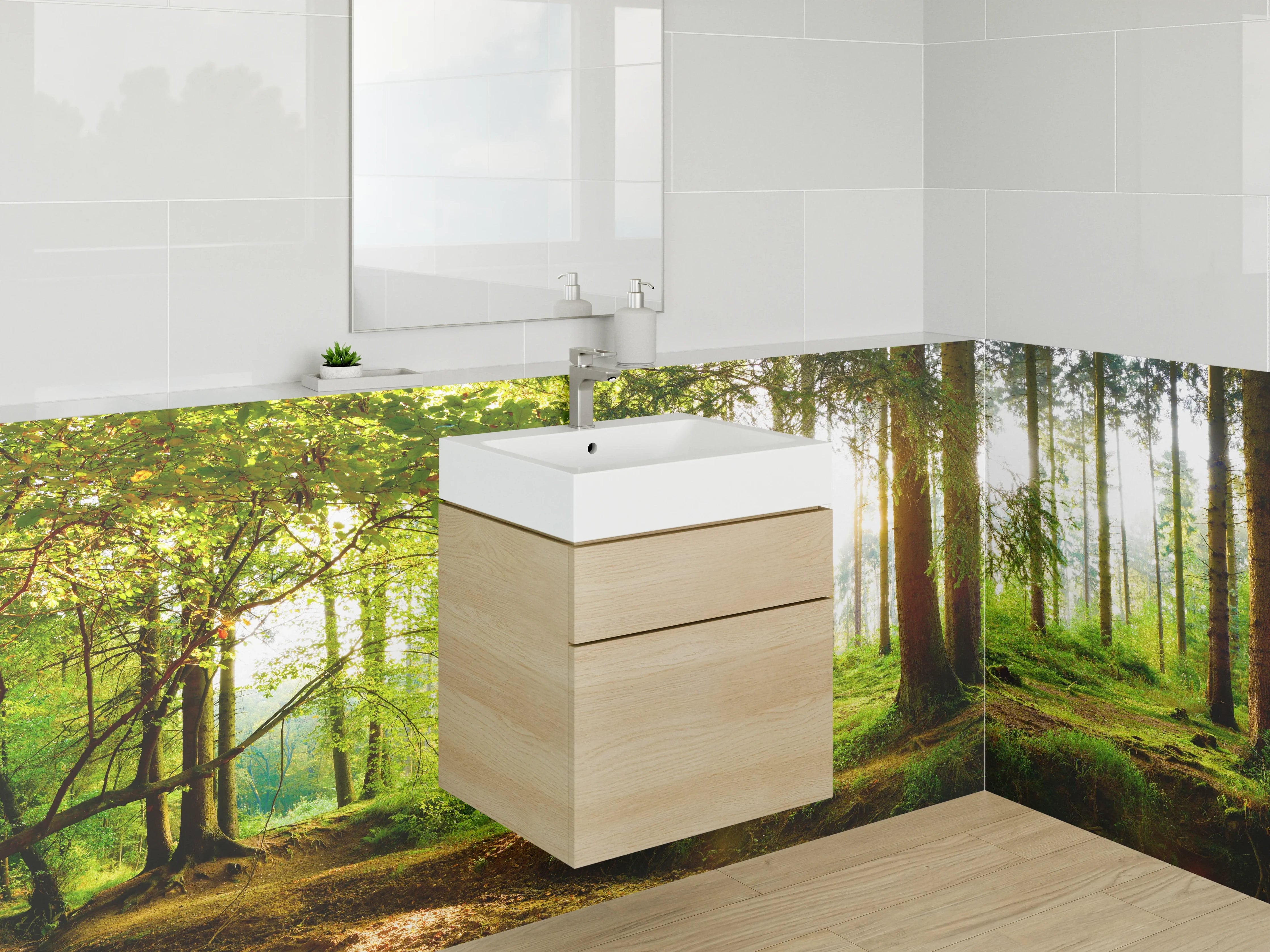 Waschbecken-Rückwand - Panorama Wald Sonnenstrahlen Natur