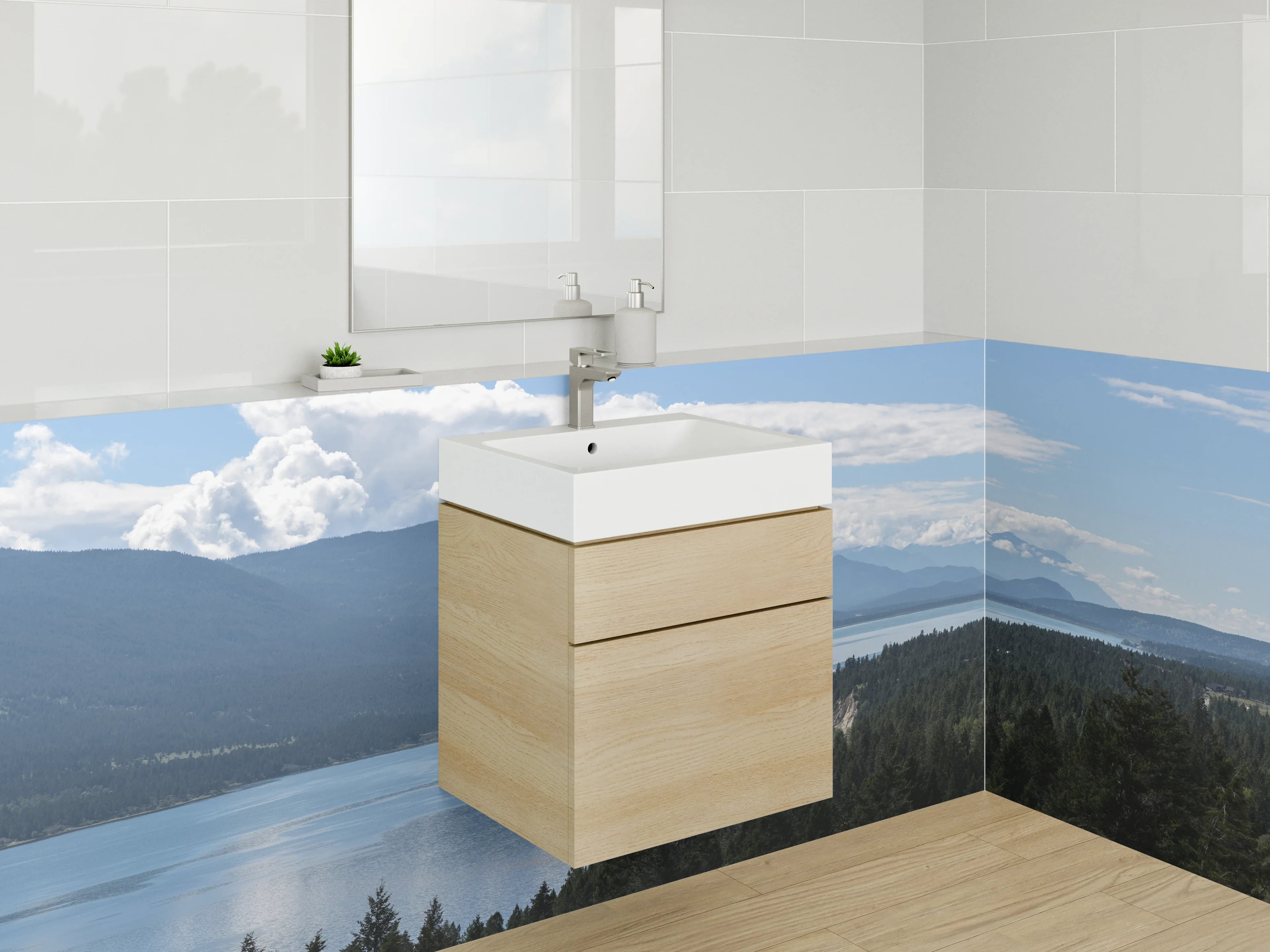 Waschbecken-Rückwand - Panorama mit Bergen und See