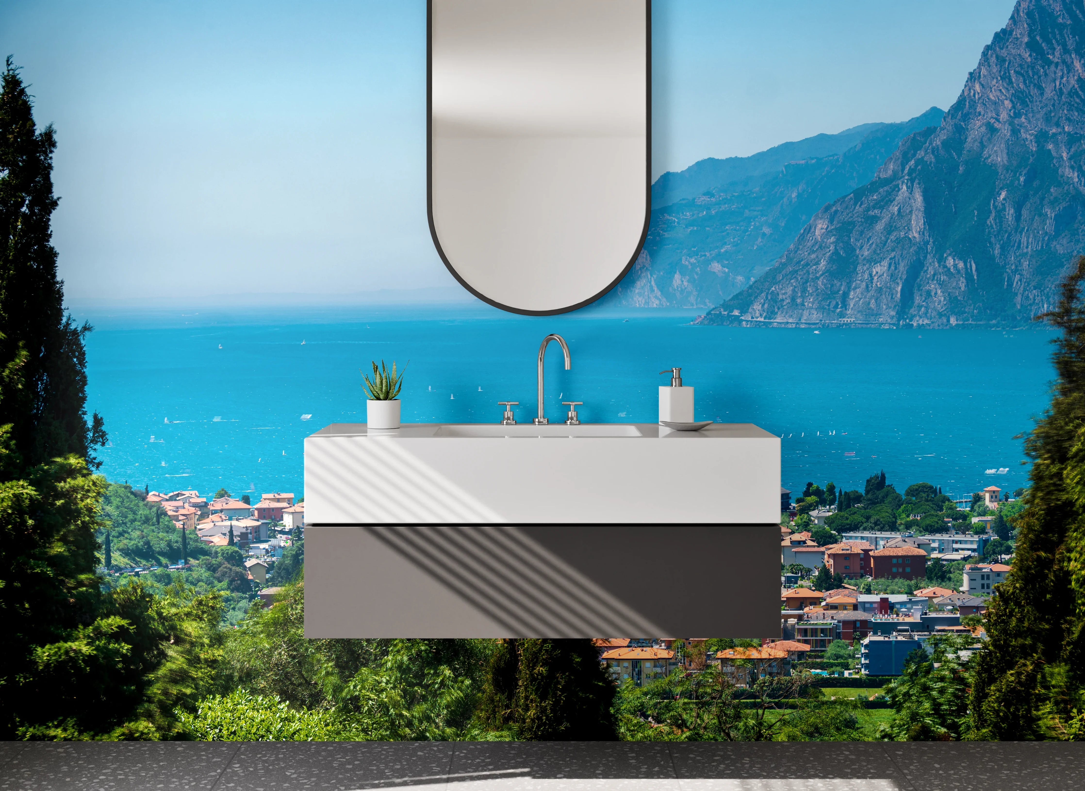 Waschbecken-Rückwand - Panoramablick Gardasee Landschaft Fotokunst