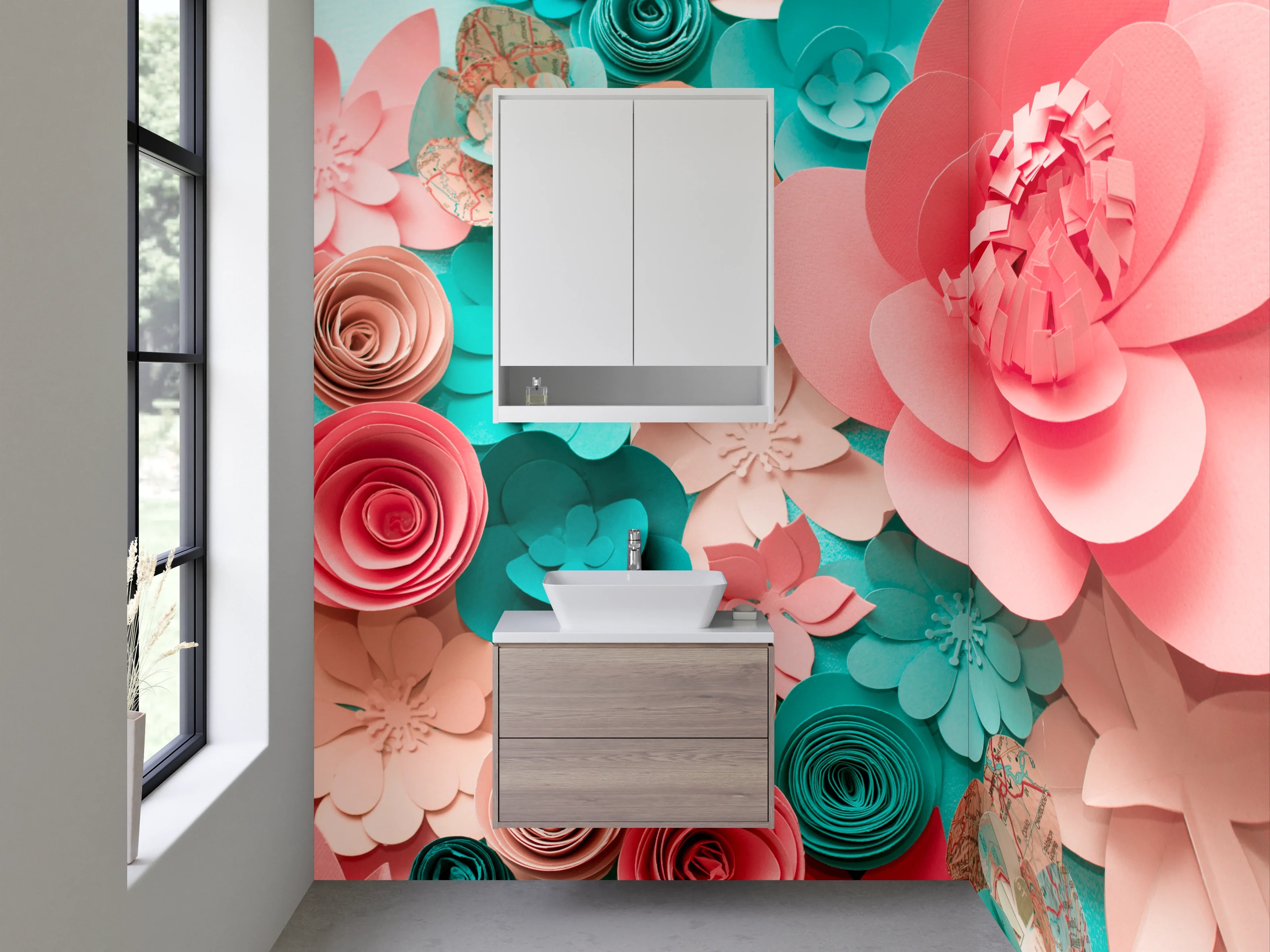 Waschbecken-Rückwand - Papierblumen Collage in Rosa und Türkis