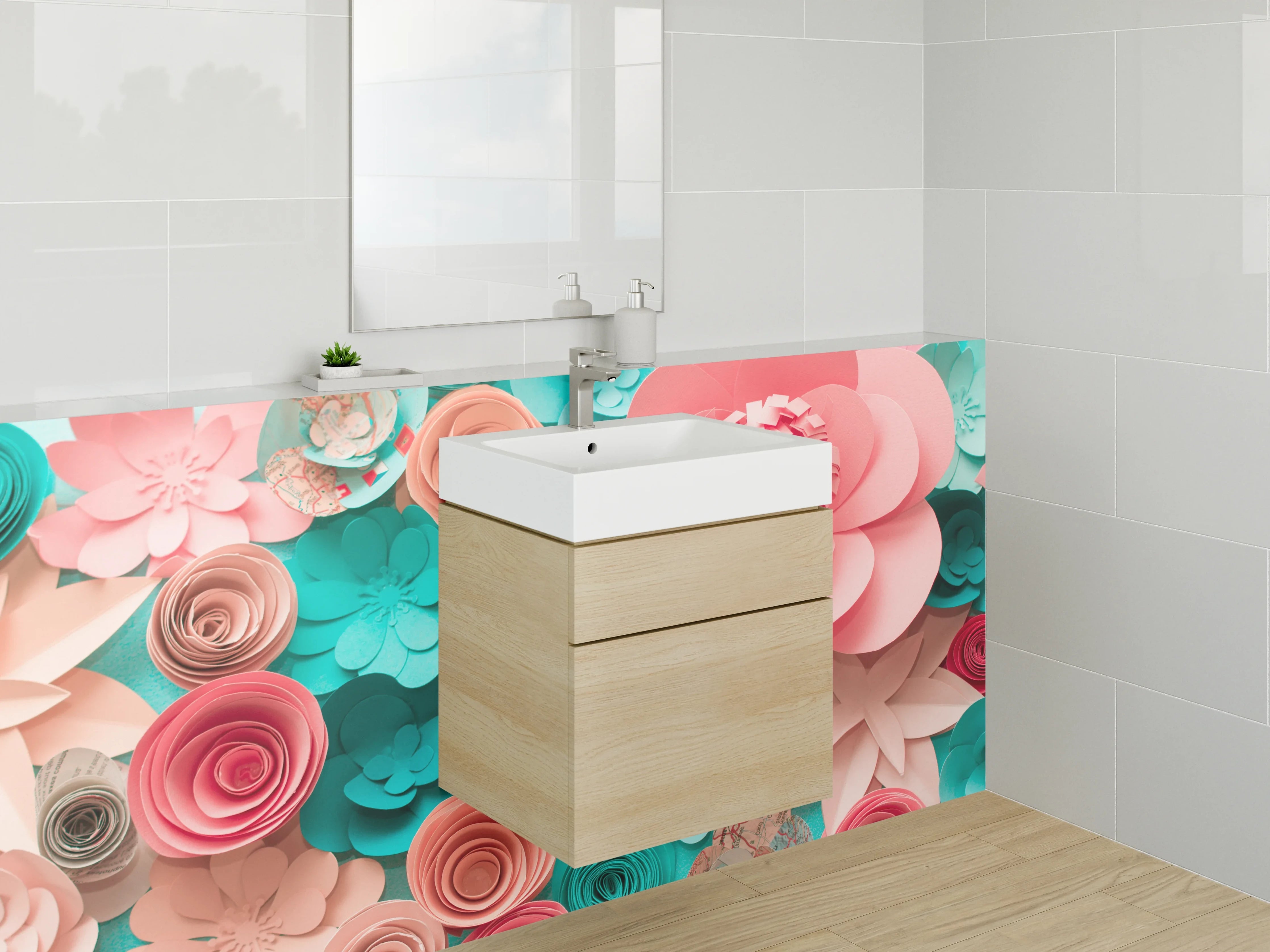 Waschbecken-Rückwand - Papierblumen Collage in Rosa und Türkis