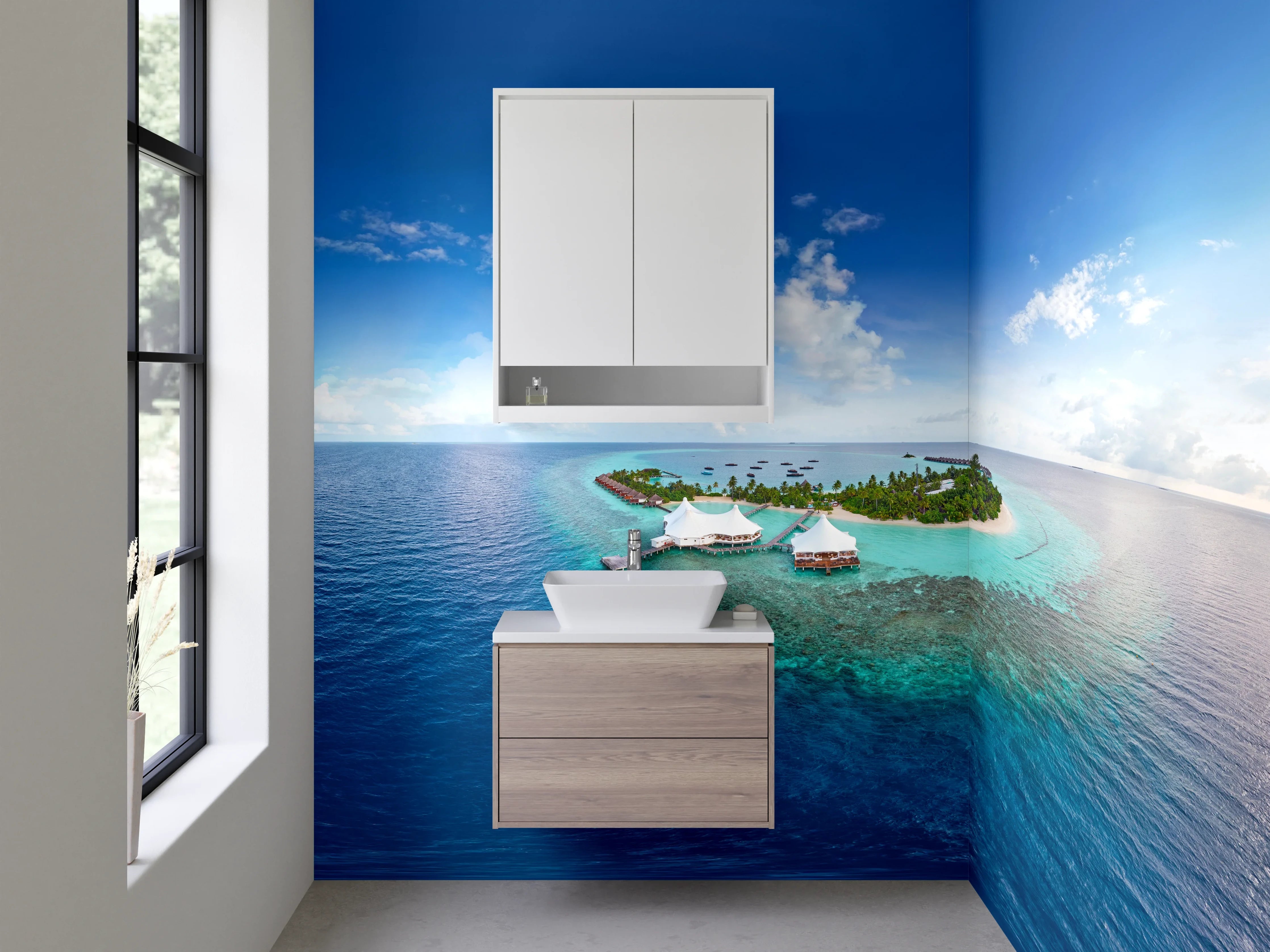 Waschbecken-Rückwand - Paradiesinsel mit klarem Wasser und blauer Himmel