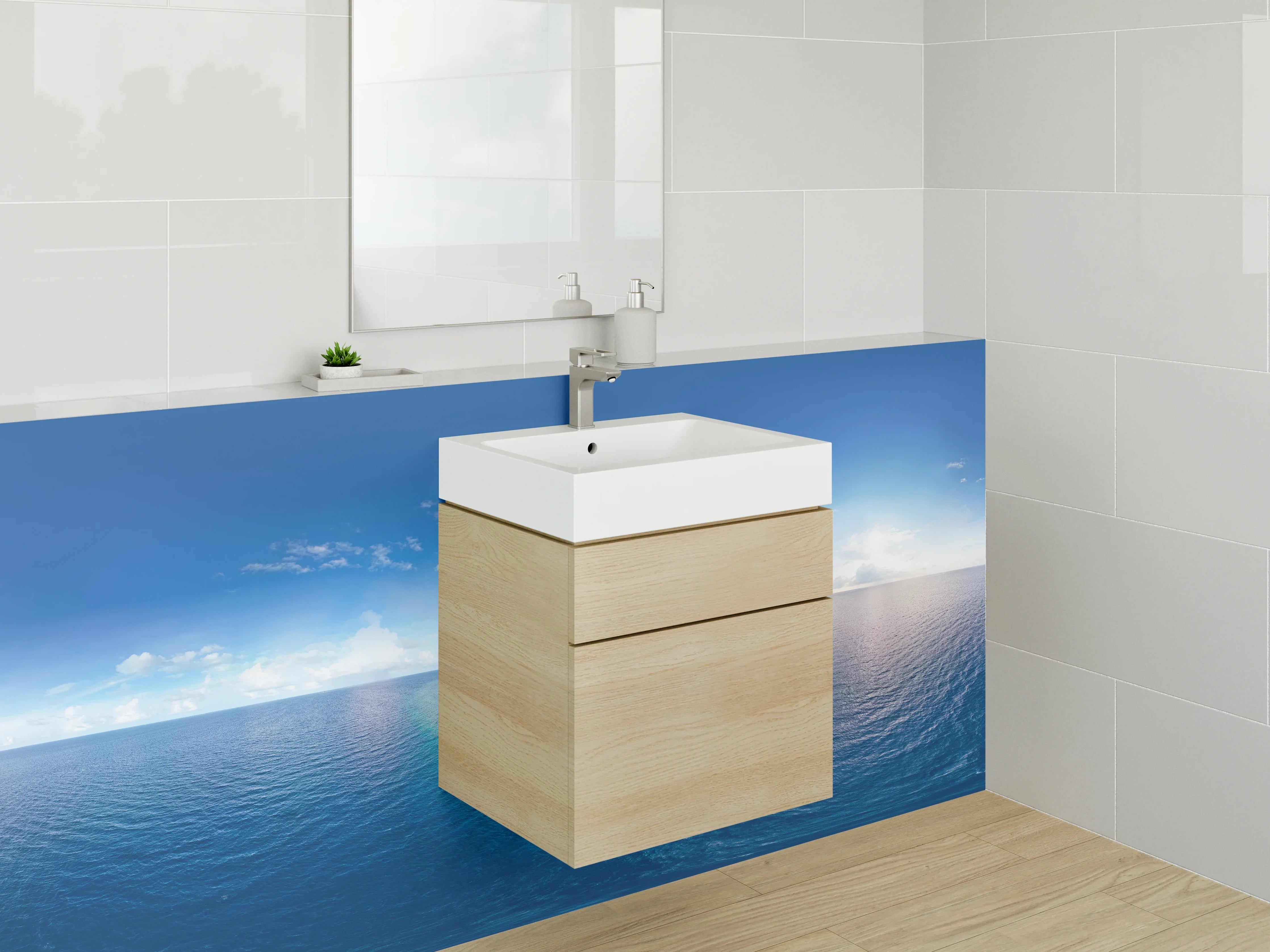 Waschbecken-Rückwand - Paradiesinsel mit klarem Wasser und blauer Himmel