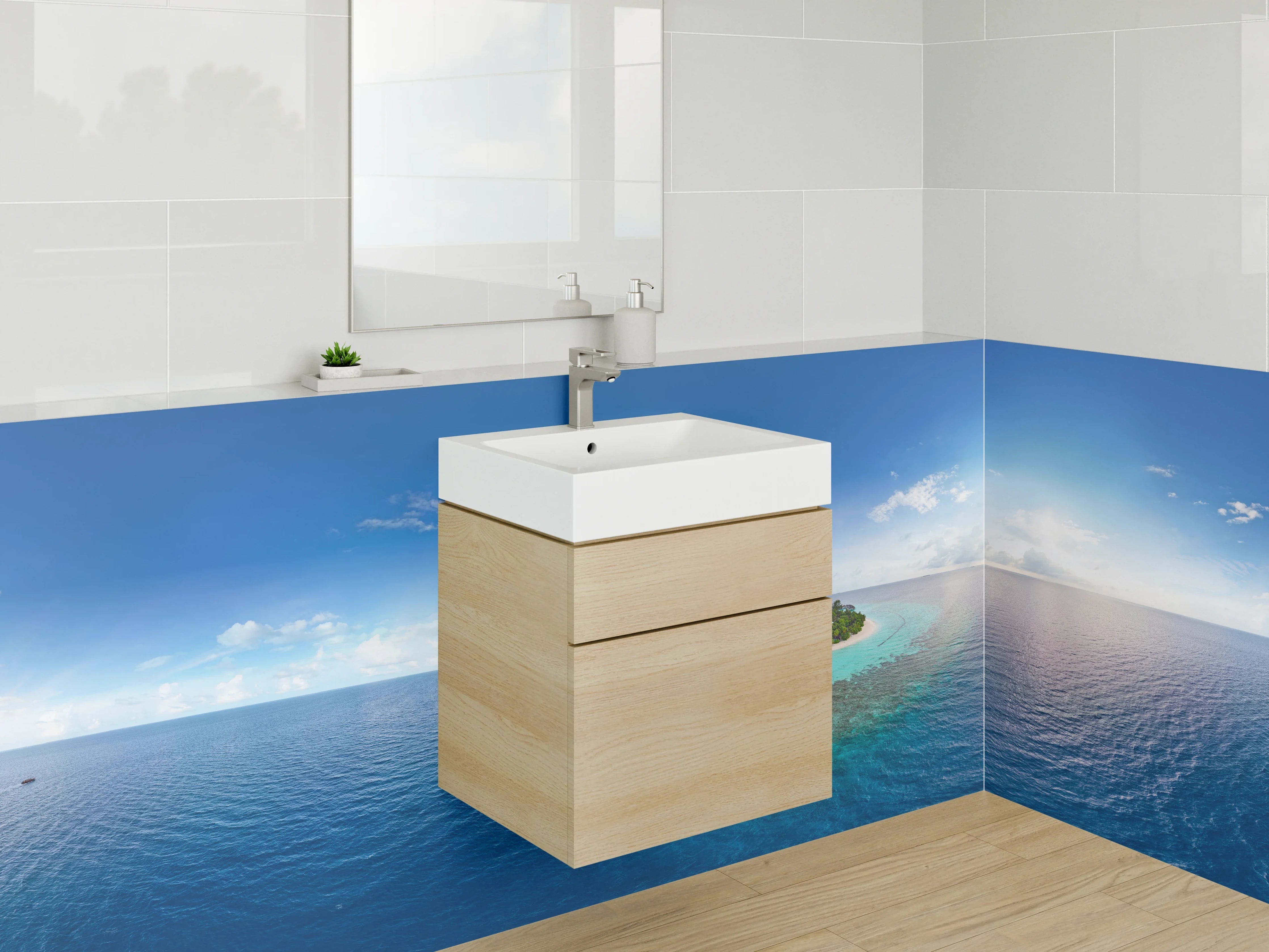 Waschbecken-Rückwand - Paradiesinsel mit klarem Wasser und blauer Himmel