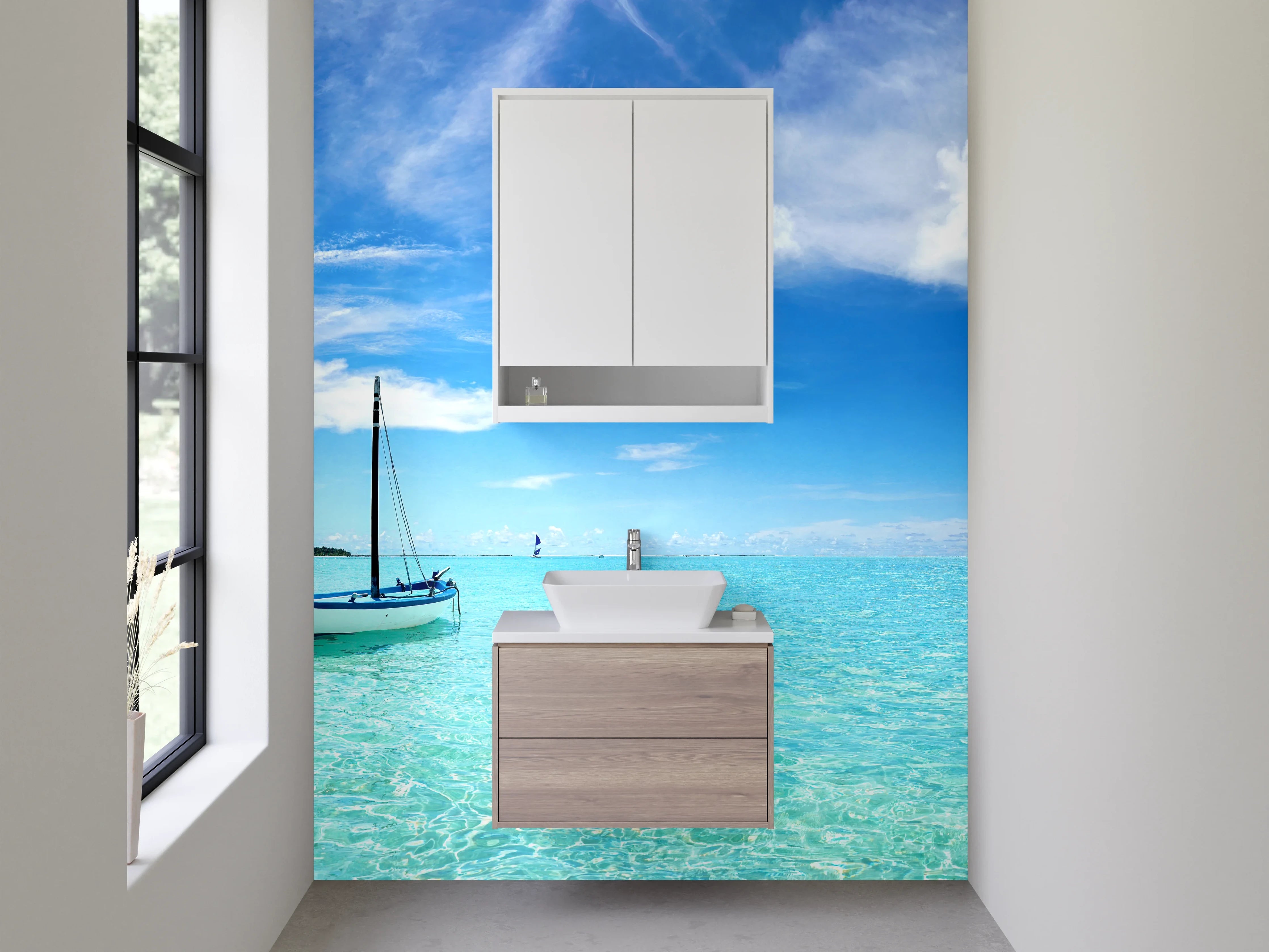 Waschbecken-Rückwand - Paradiesische Lagune mit Boot – Fotomotiv