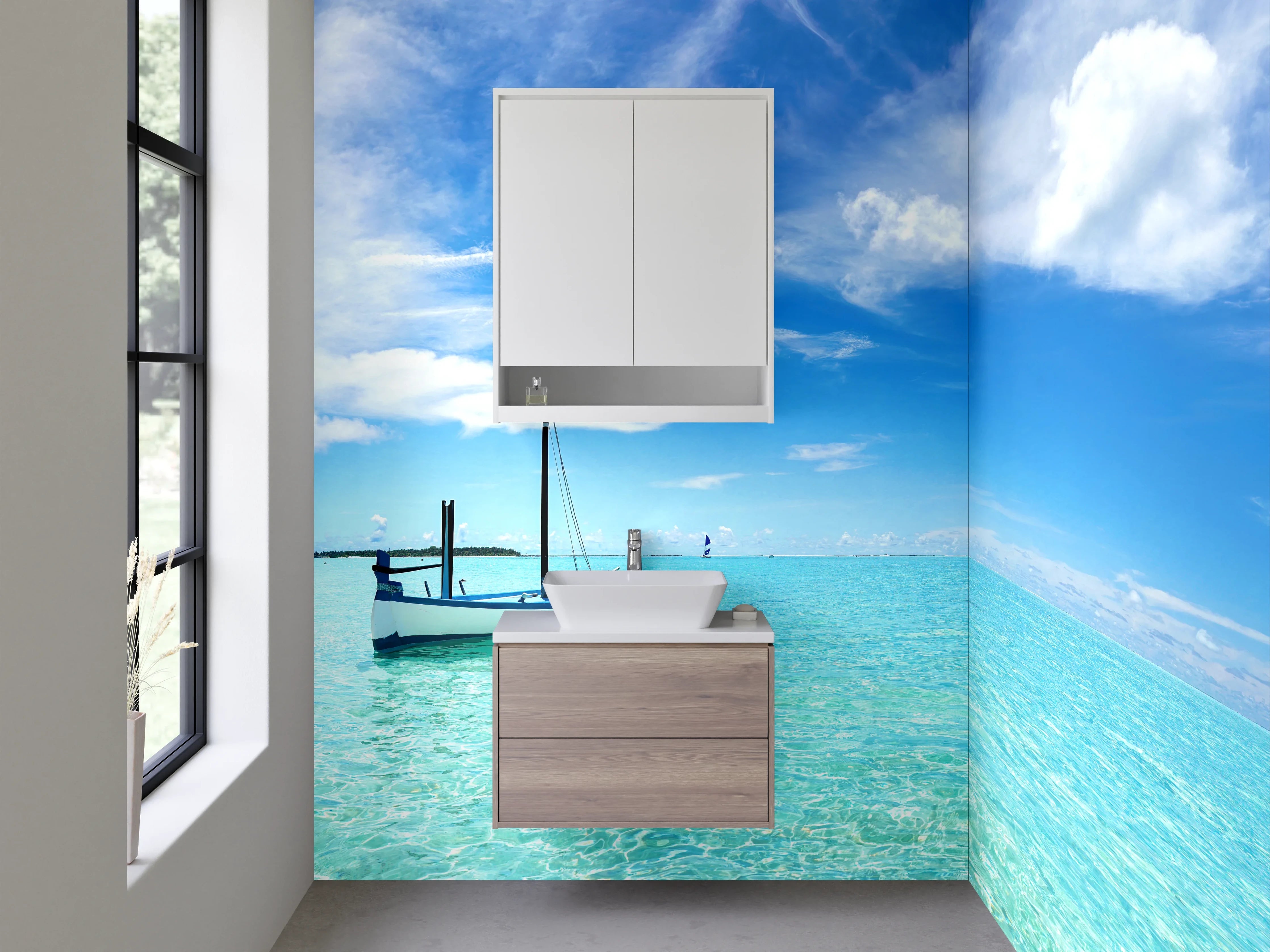 Waschbecken-Rückwand - Paradiesische Lagune mit Boot – Fotomotiv