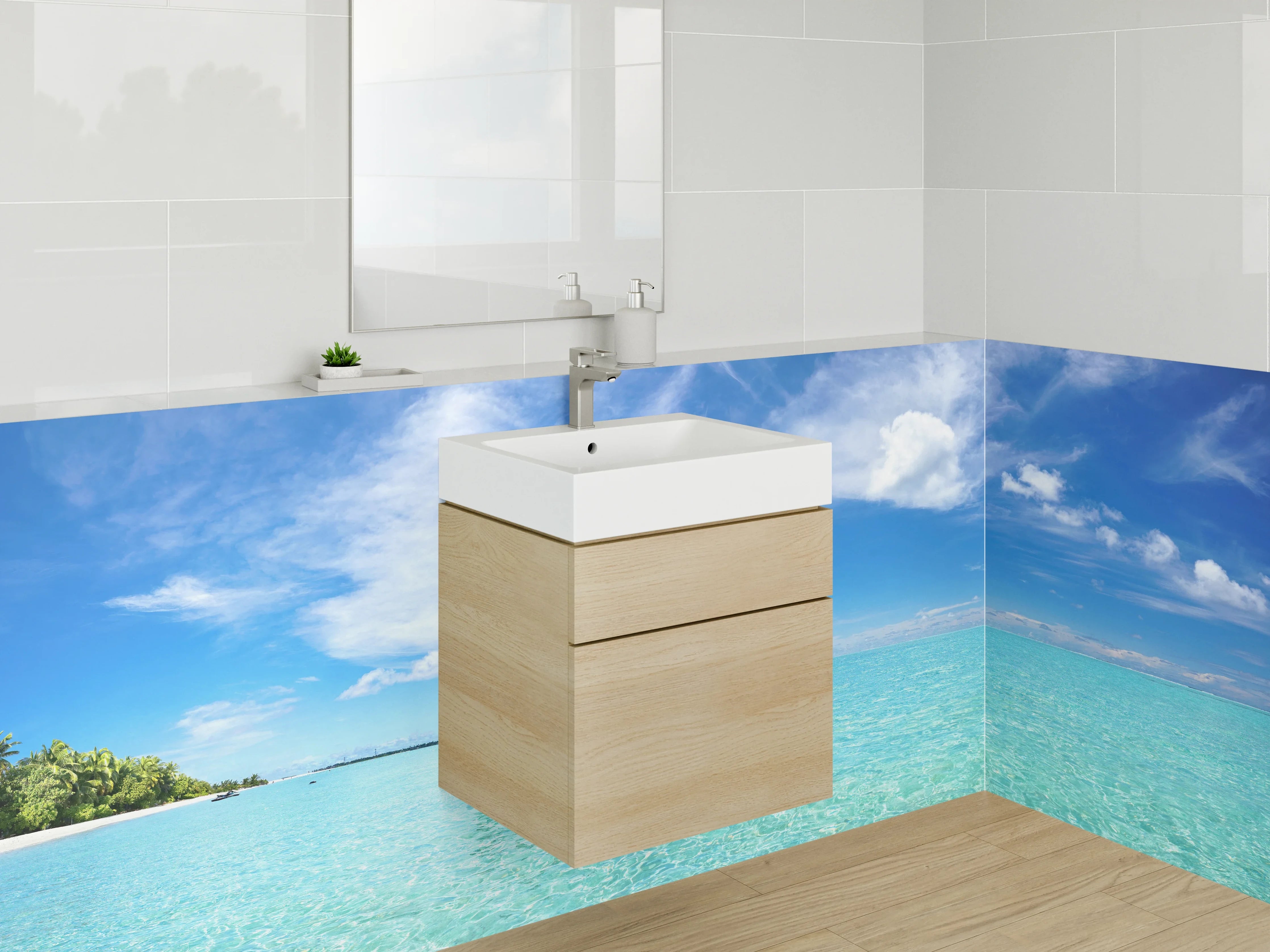 Waschbecken-Rückwand - Paradiesische Lagune mit Boot – Fotomotiv
