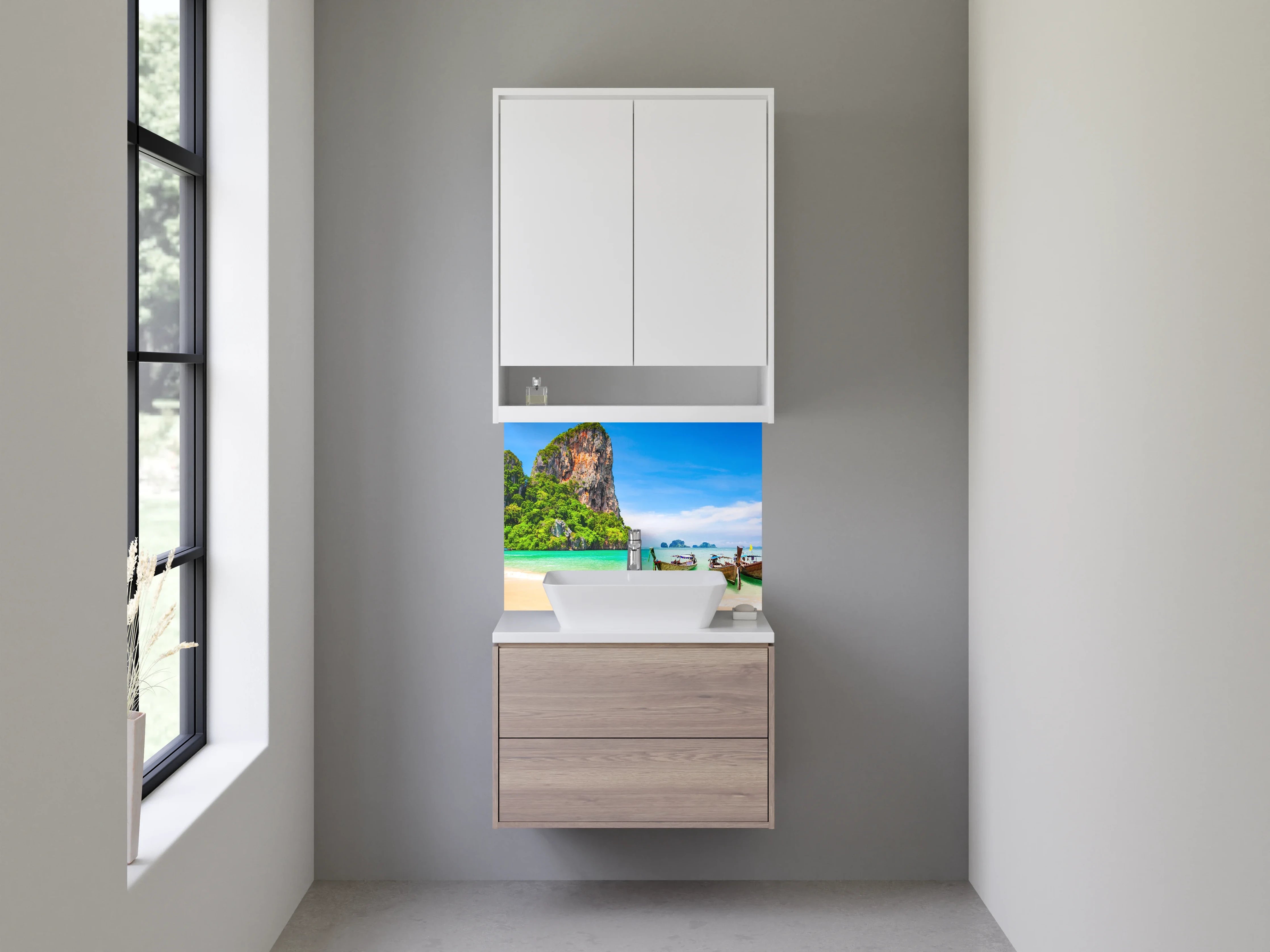 Waschbecken-Rückwand - Paradiesische Strandlandschaft mit Booten