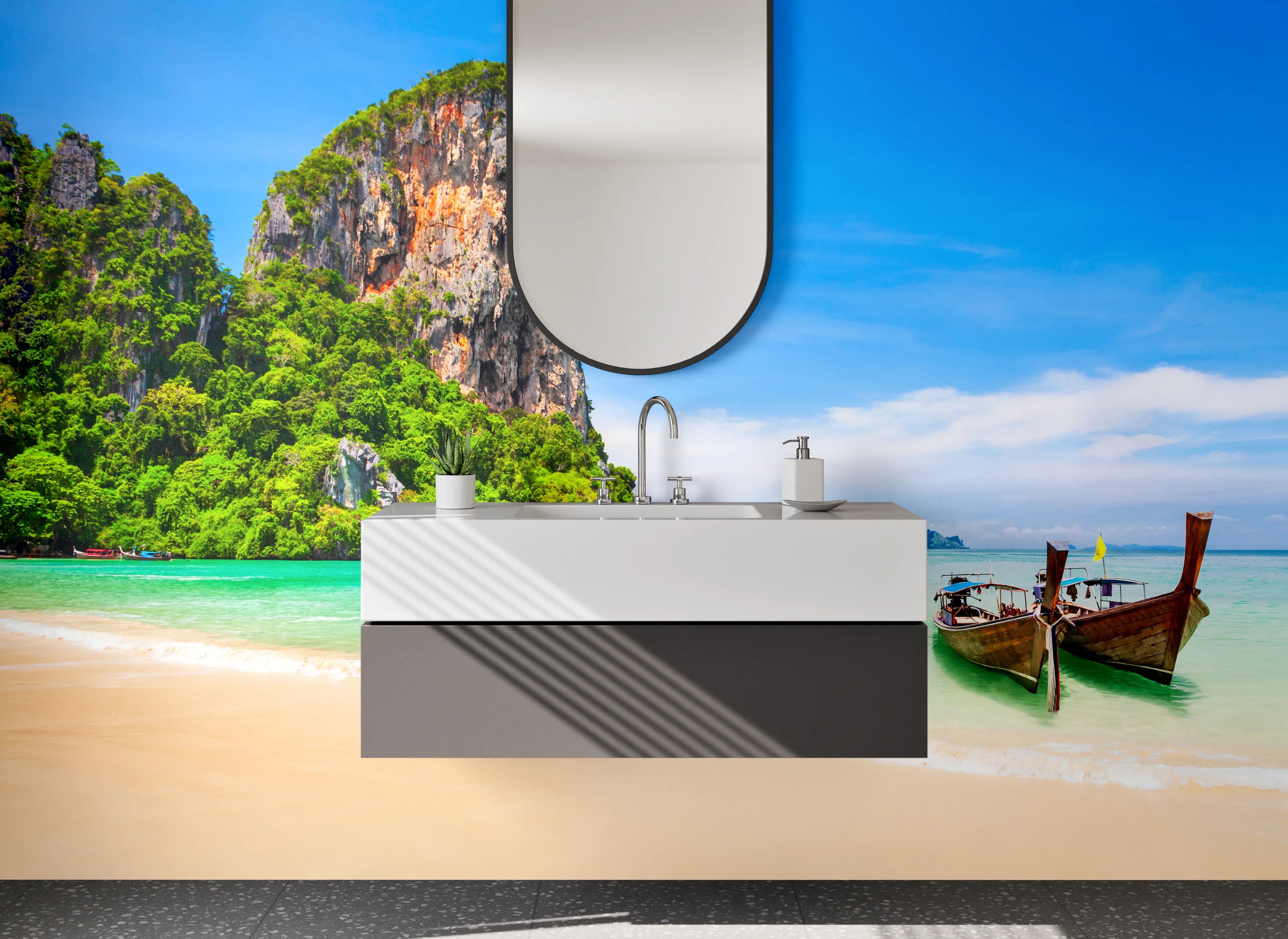 Waschbecken-Rückwand - Paradiesische Strandlandschaft mit Booten