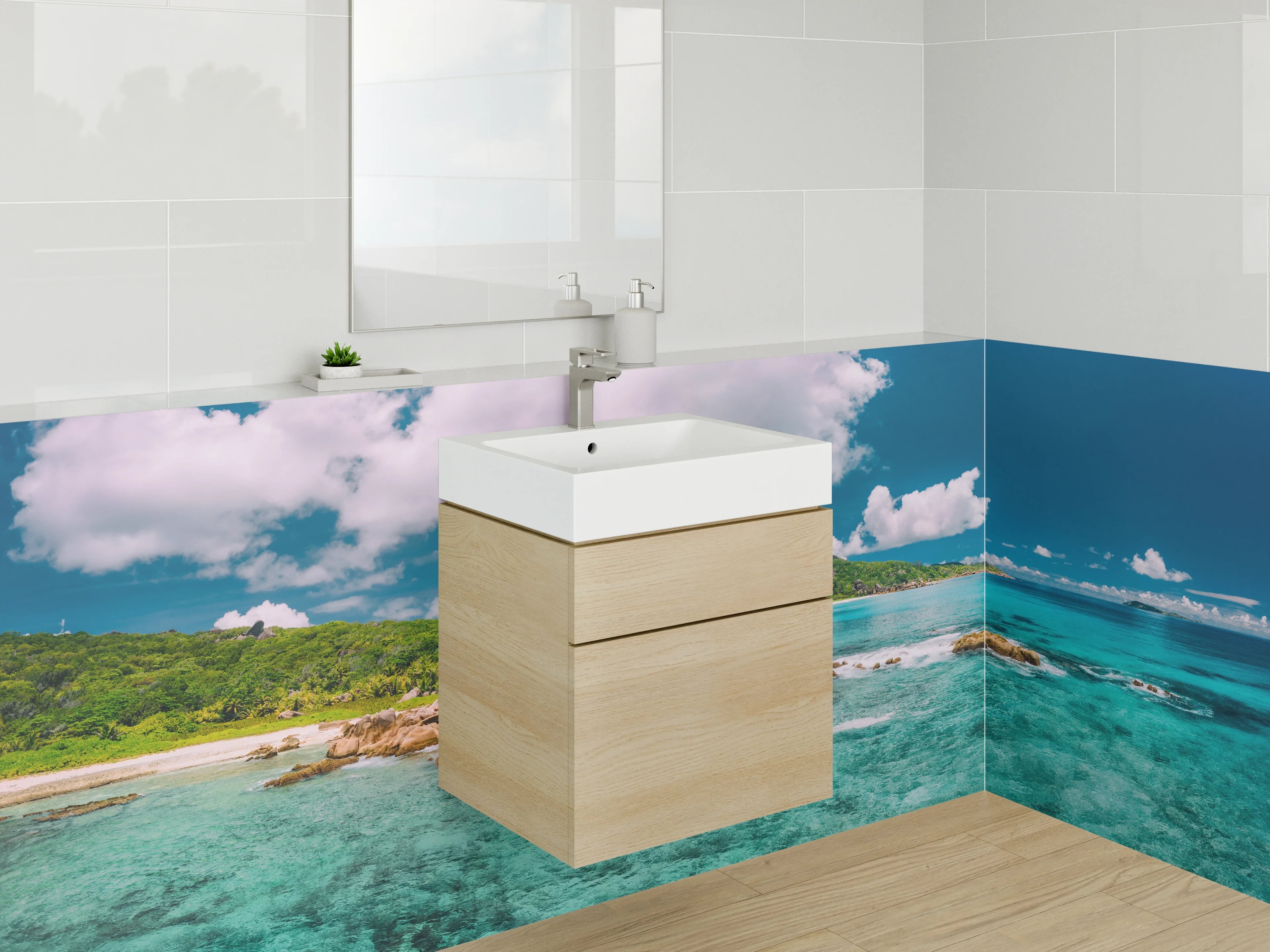 Waschbecken-Rückwand - Paradiesische Strandlandschaft türkisblau