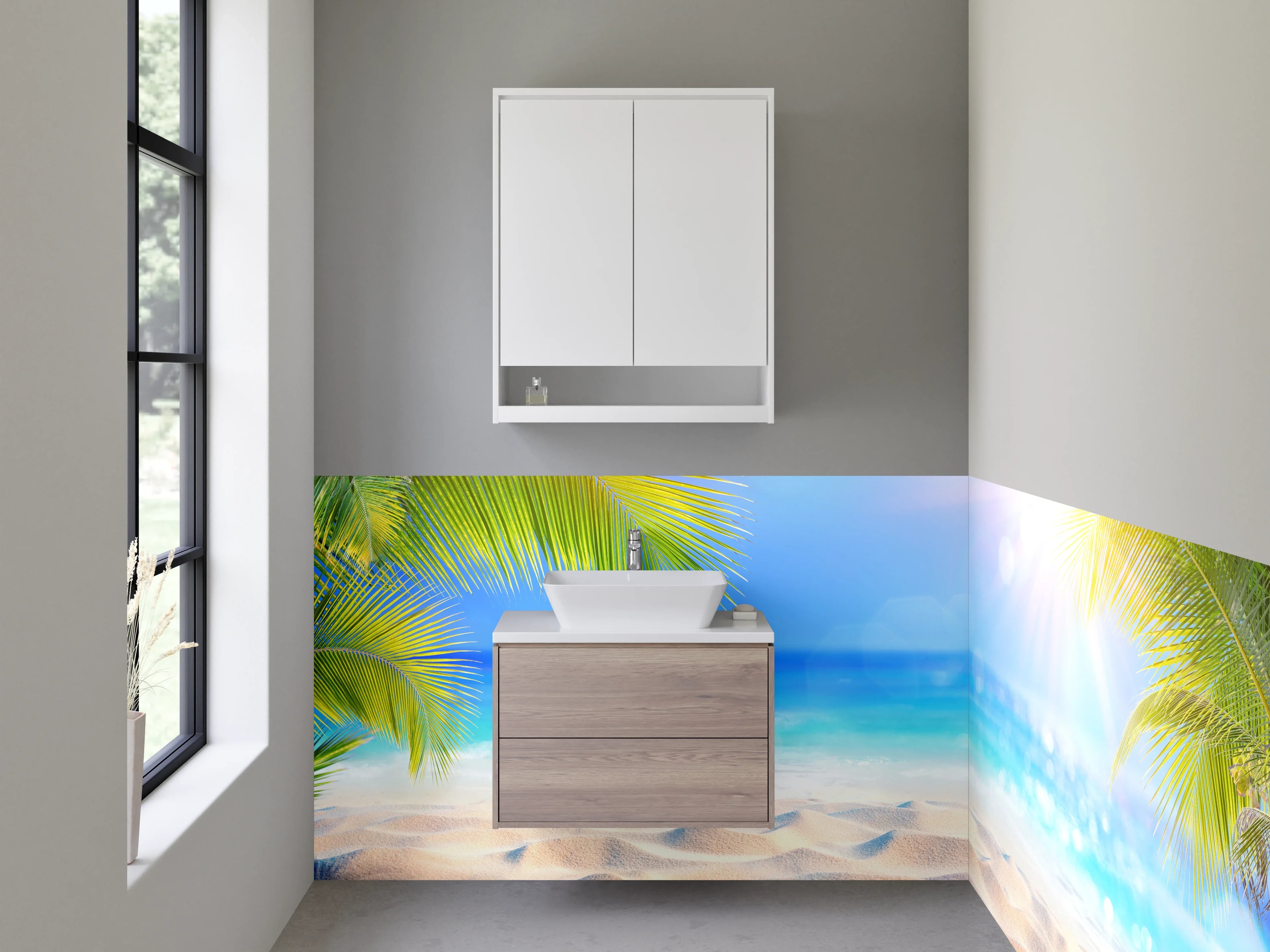 Waschbecken-Rückwand - Paradiesischer Strand mit Palmen und Sonne