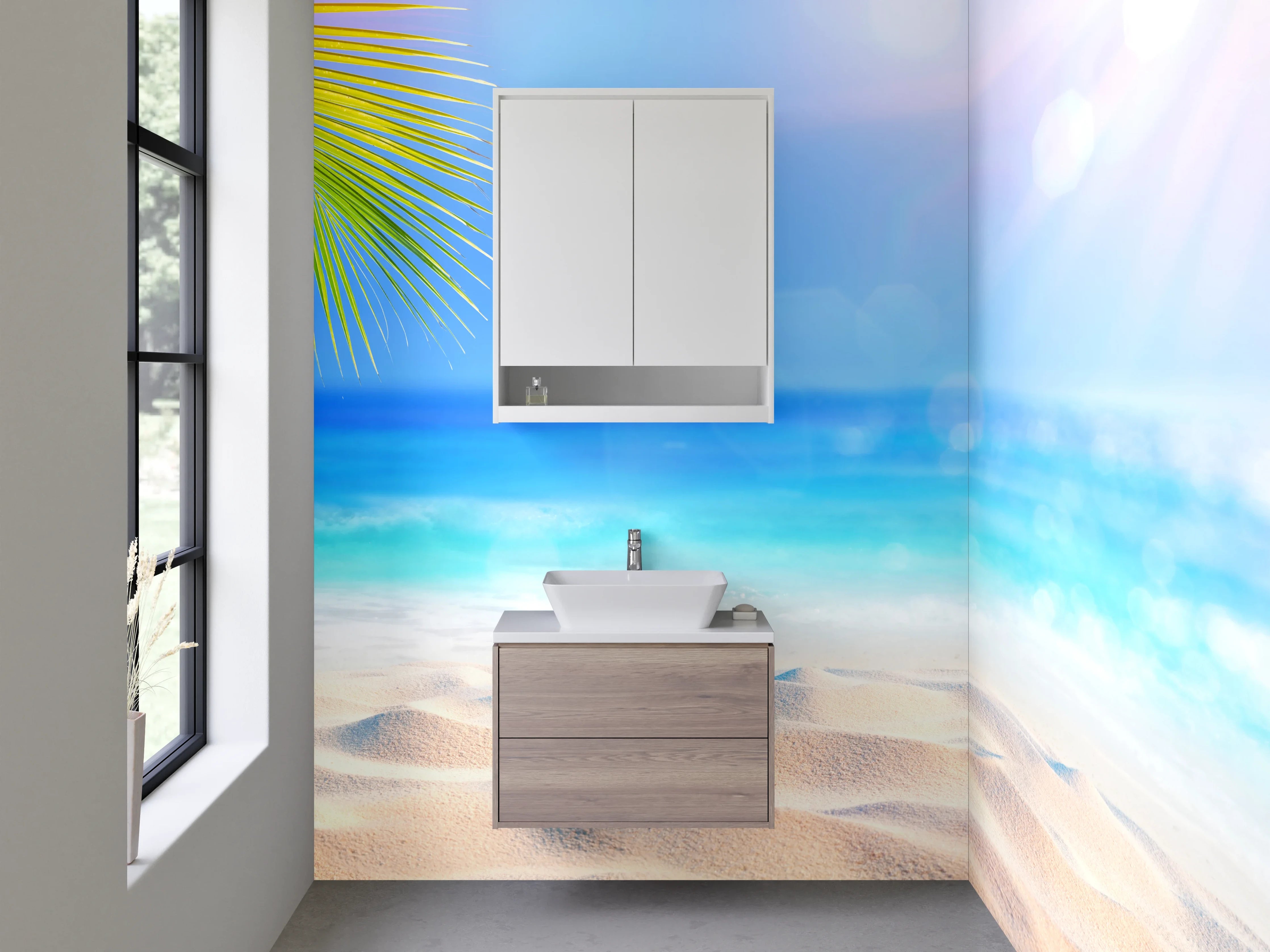 Waschbecken-Rückwand - Paradiesischer Strand mit Palmen und Sonne