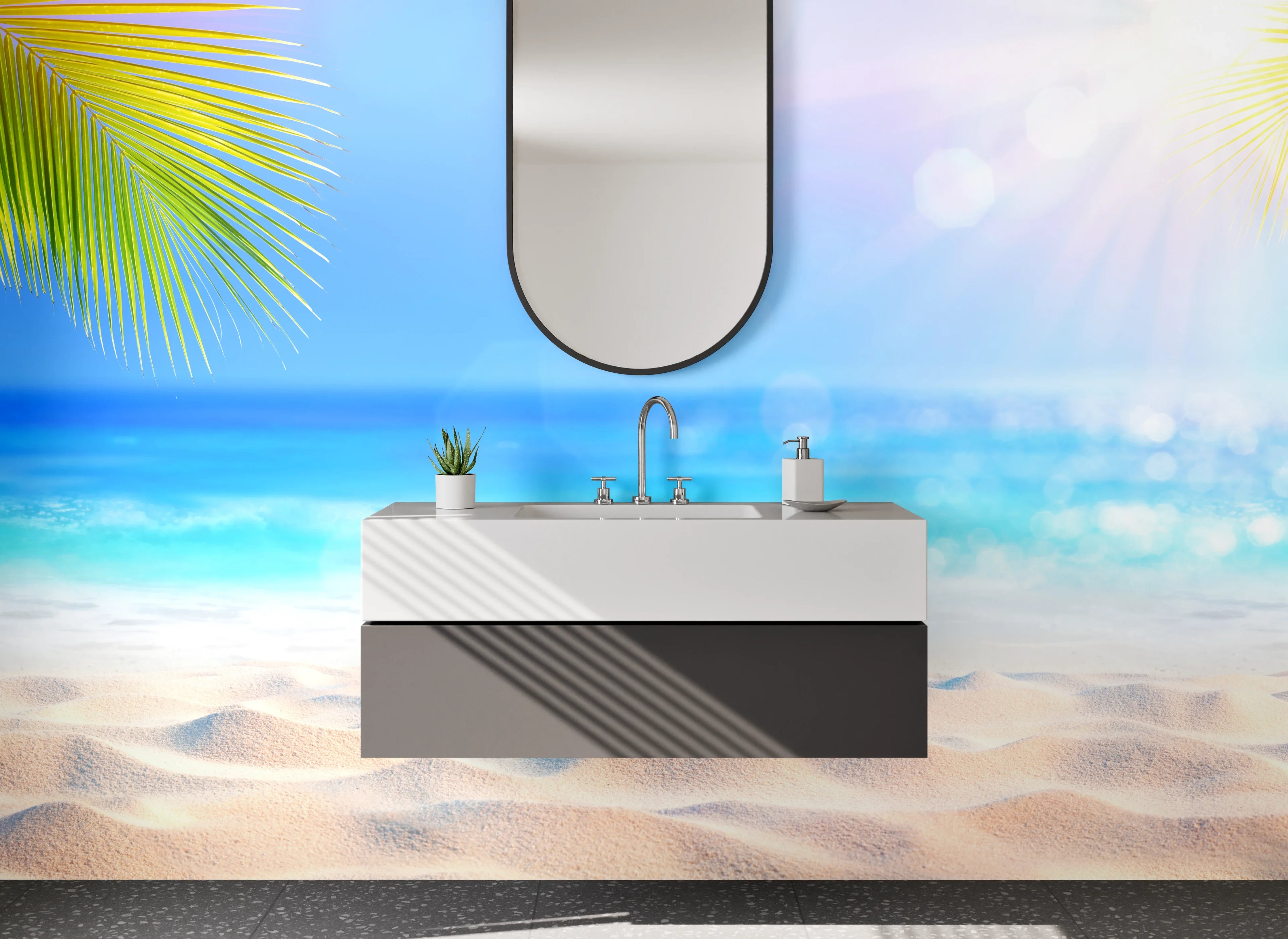 Waschbecken-Rückwand - Paradiesischer Strand mit Palmen und Sonne