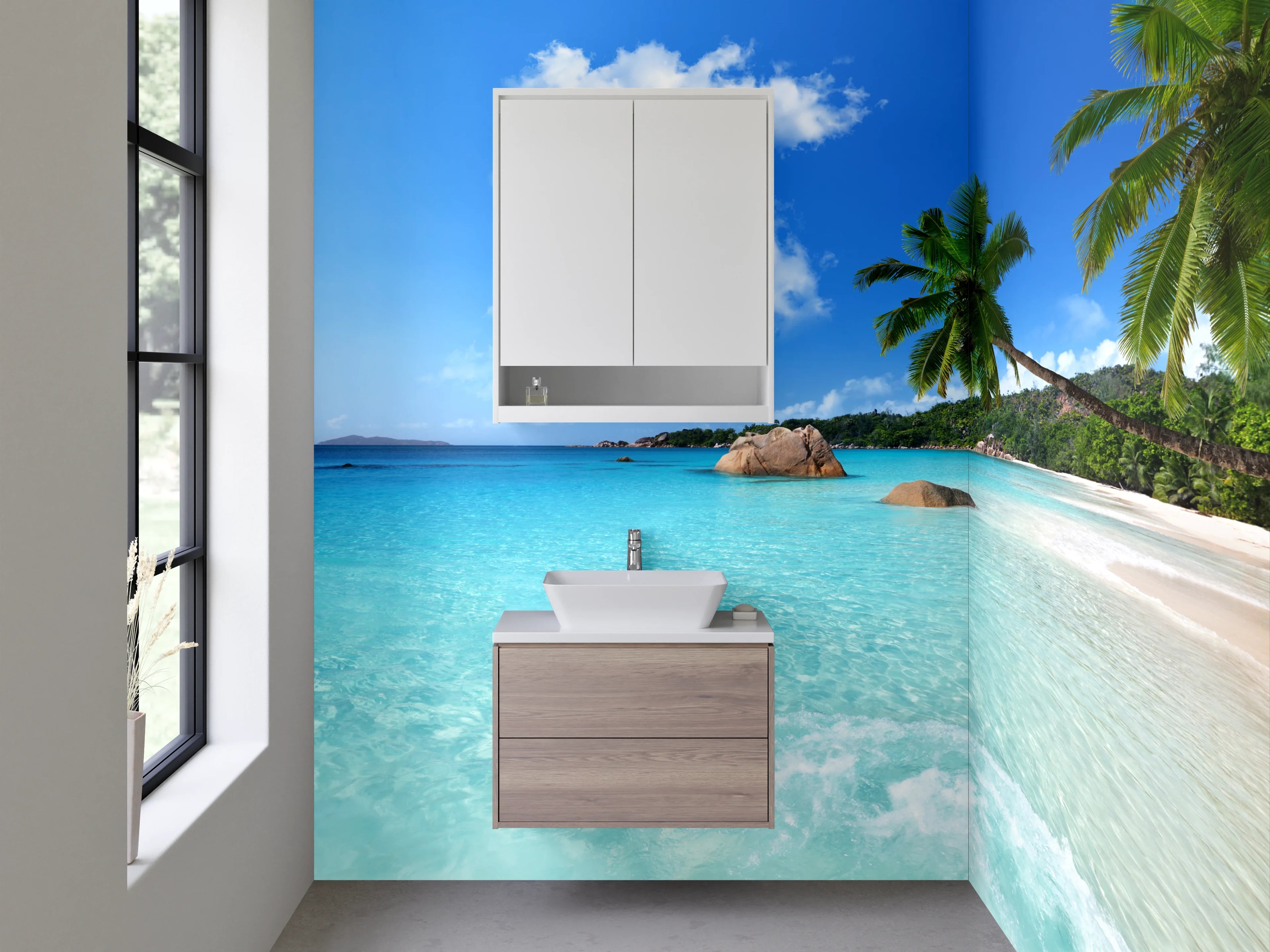 Waschbecken-Rückwand - Paradiesischer Strand mit Palmen und türkisblauem Meer