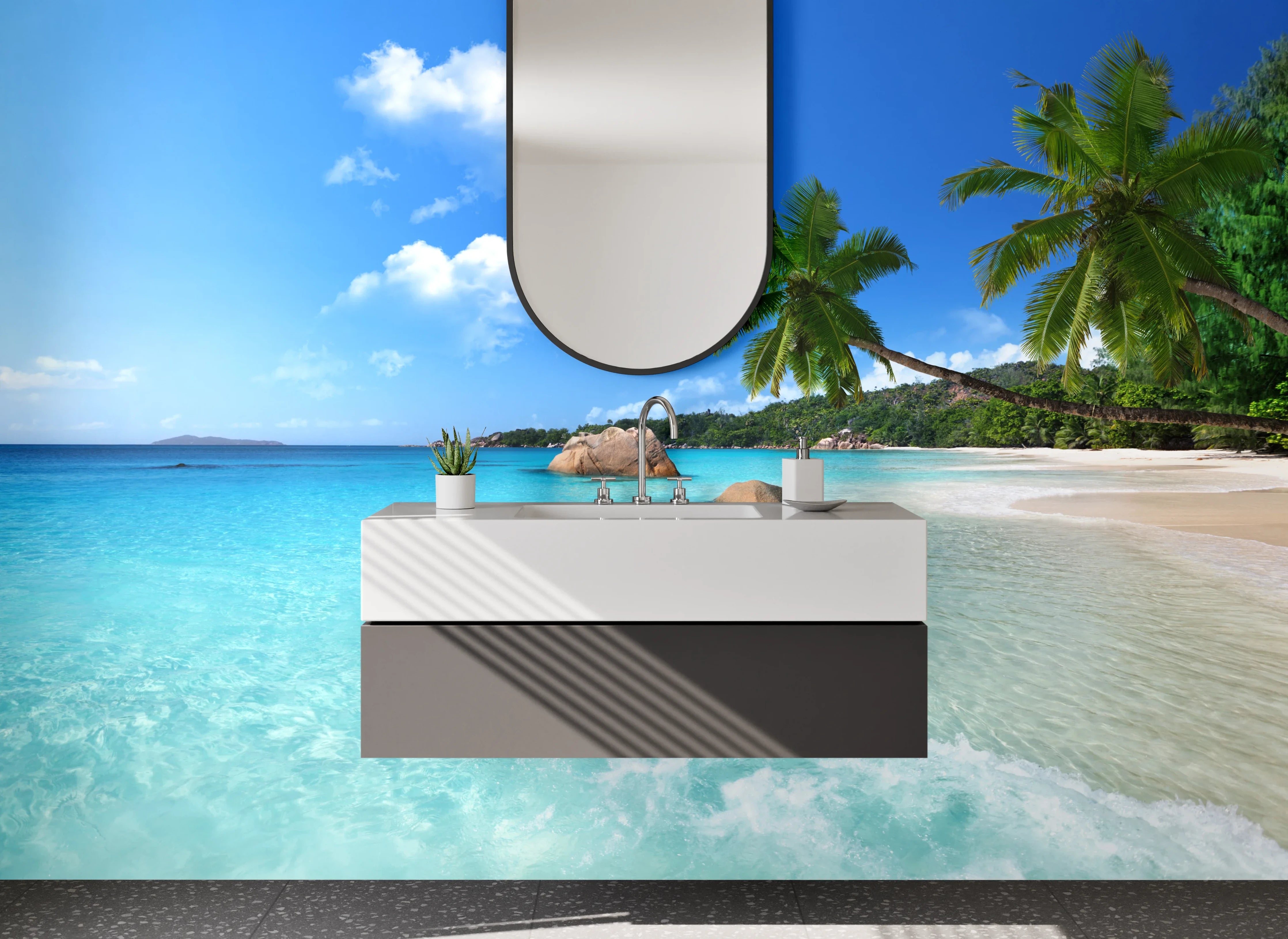 Waschbecken-Rückwand - Paradiesischer Strand mit Palmen und türkisblauem Meer