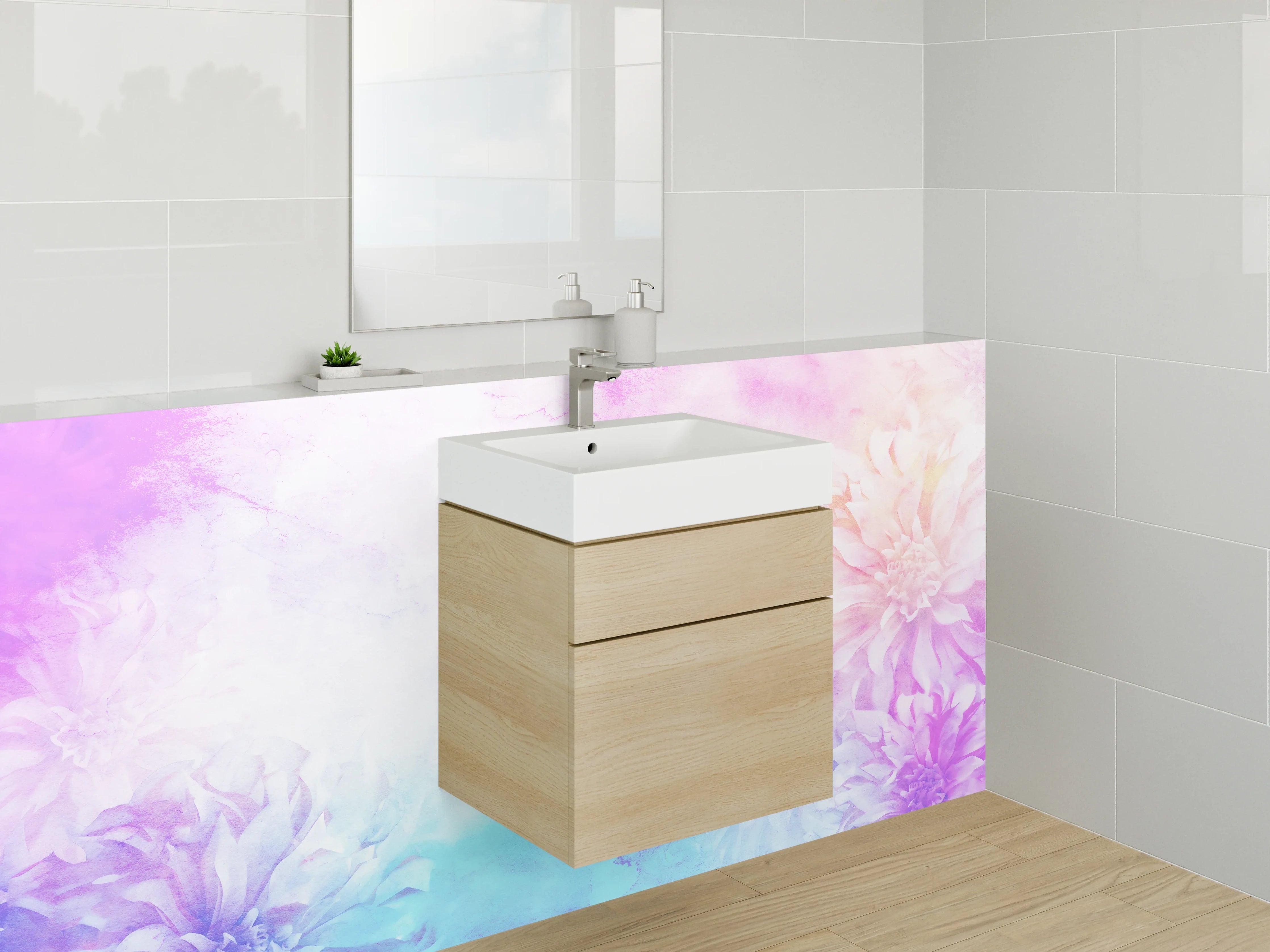 Waschbecken-Rückwand - Pastellblumen Aquarell Marmoroptik