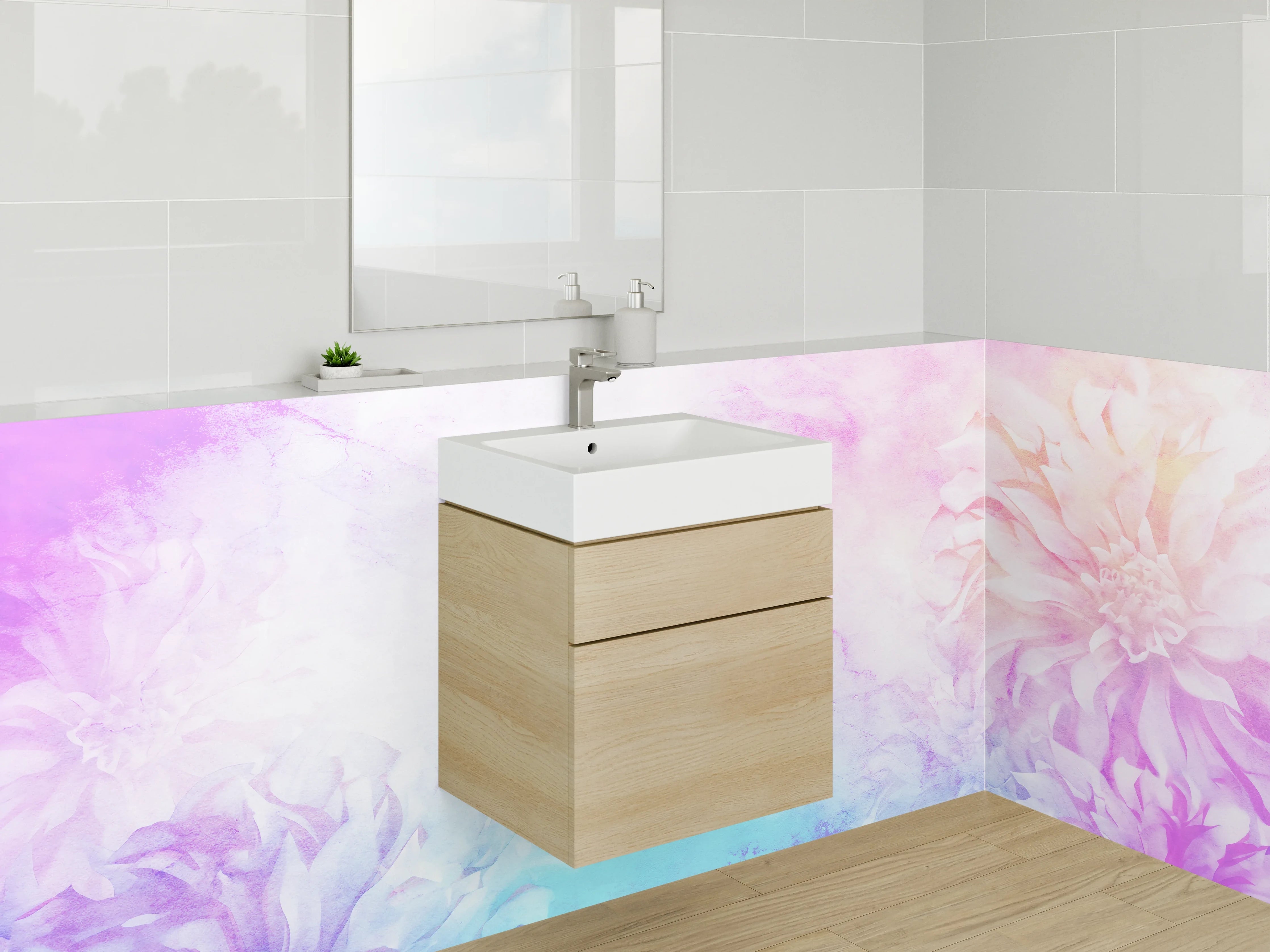 Waschbecken-Rückwand - Pastellblumen Aquarell Marmoroptik