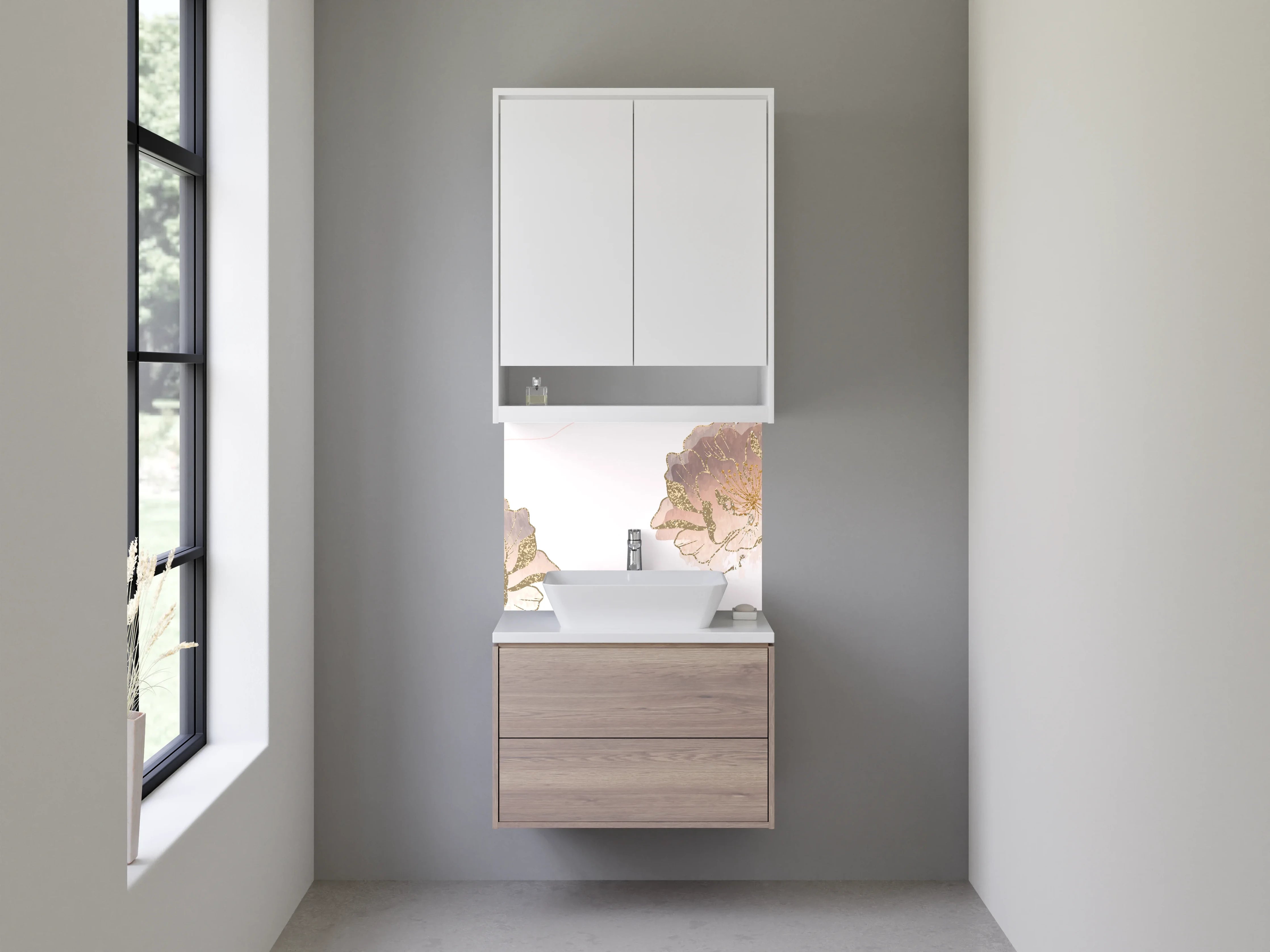 Waschbecken-Rückwand - Pastellfarbene Blumen mit Goldakzenten