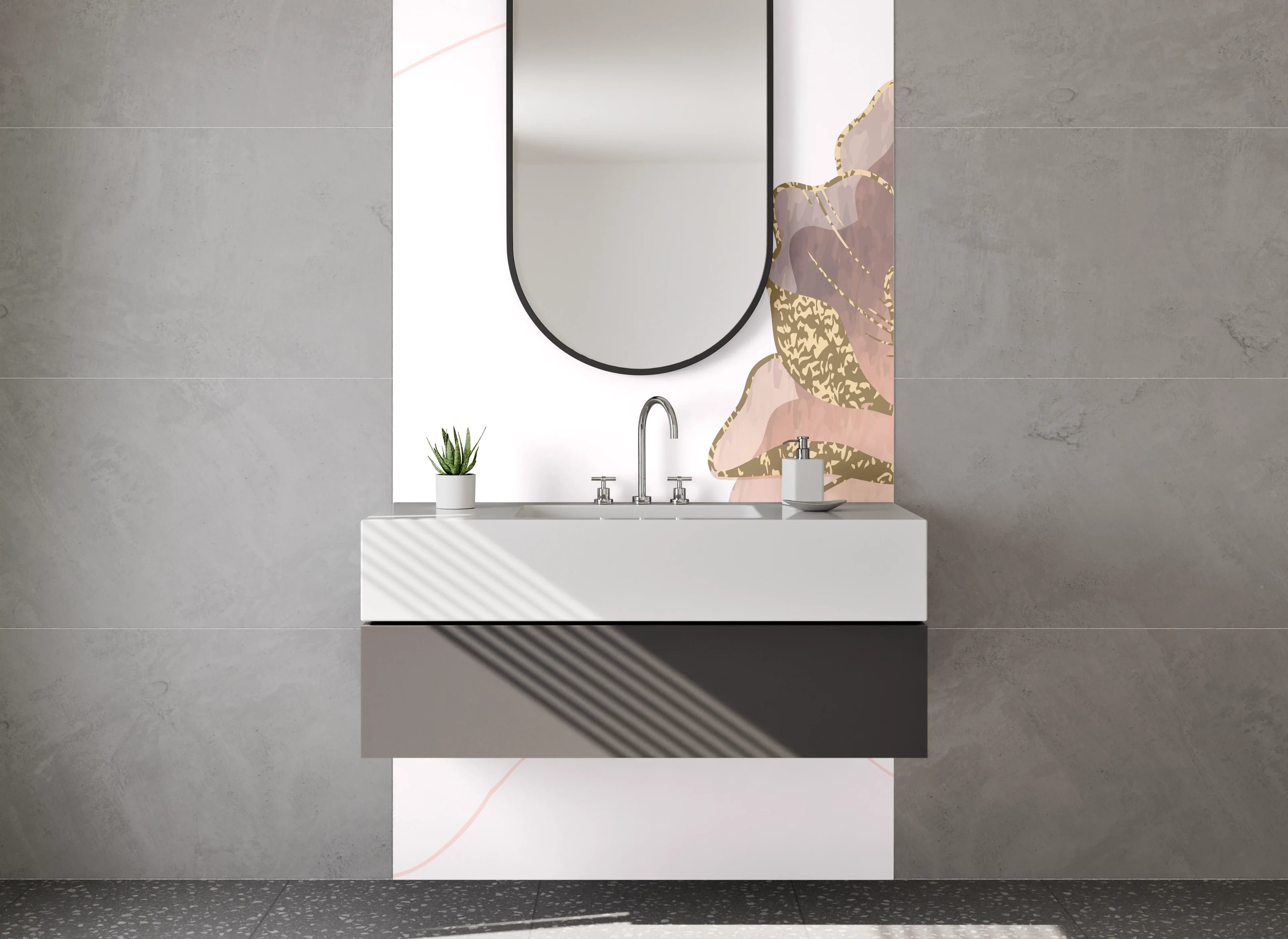 Waschbecken-Rückwand - Pastellfarbene Blumen mit Goldakzenten