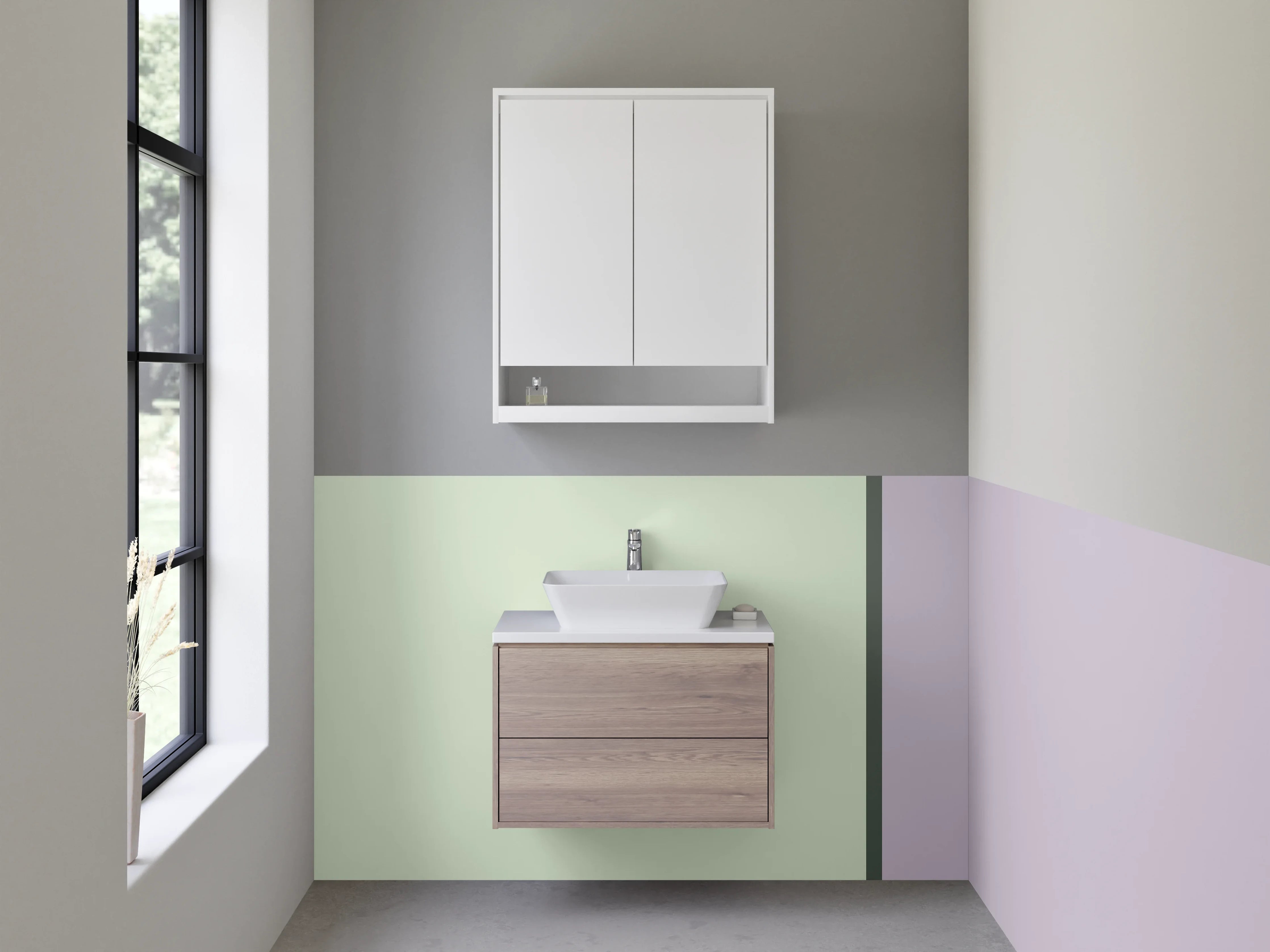 Waschbecken-Rückwand - Pastellfarbene Flächen in Grün und Lila