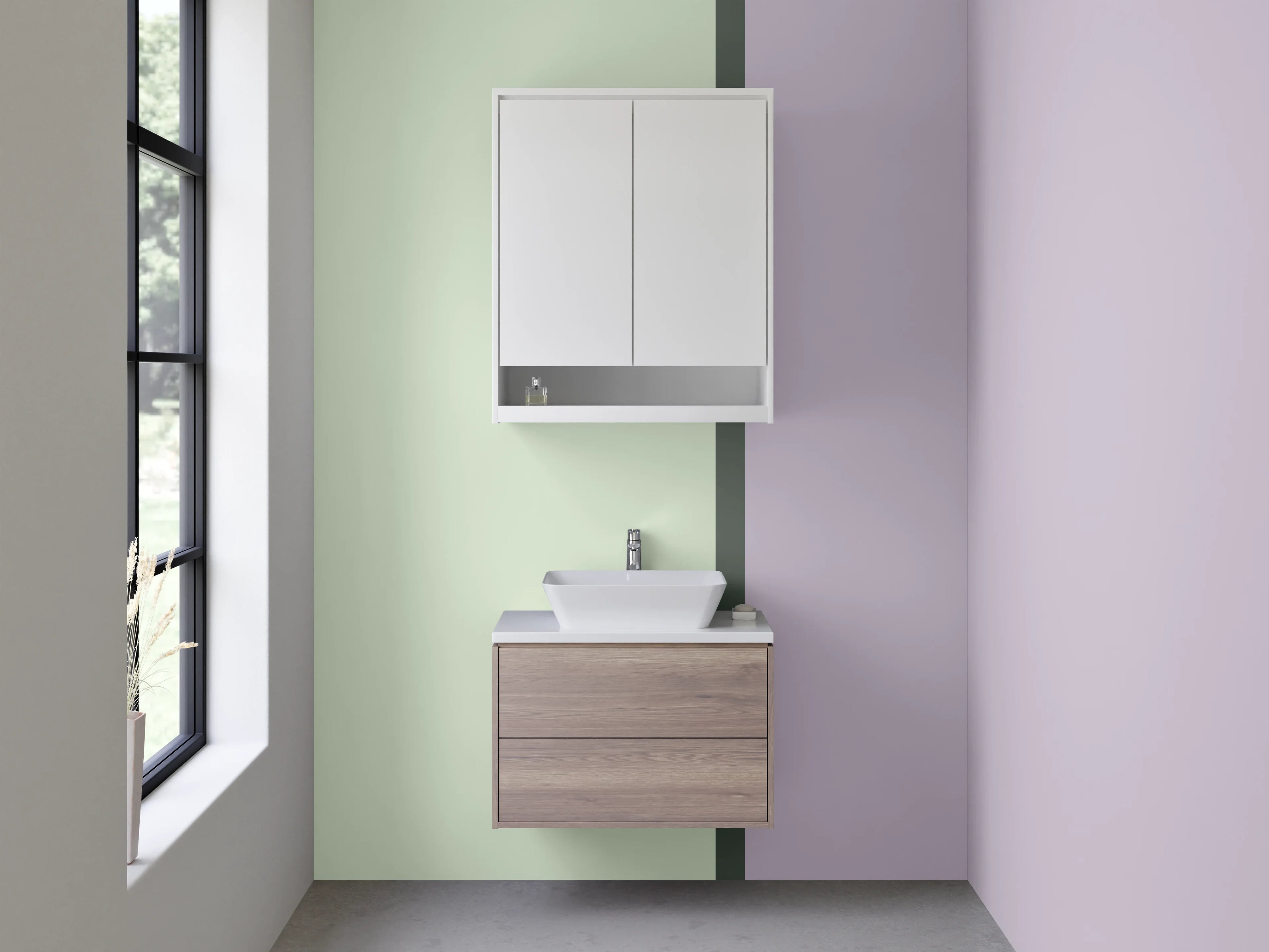 Waschbecken-Rückwand - Pastellfarbene Flächen in Grün und Lila