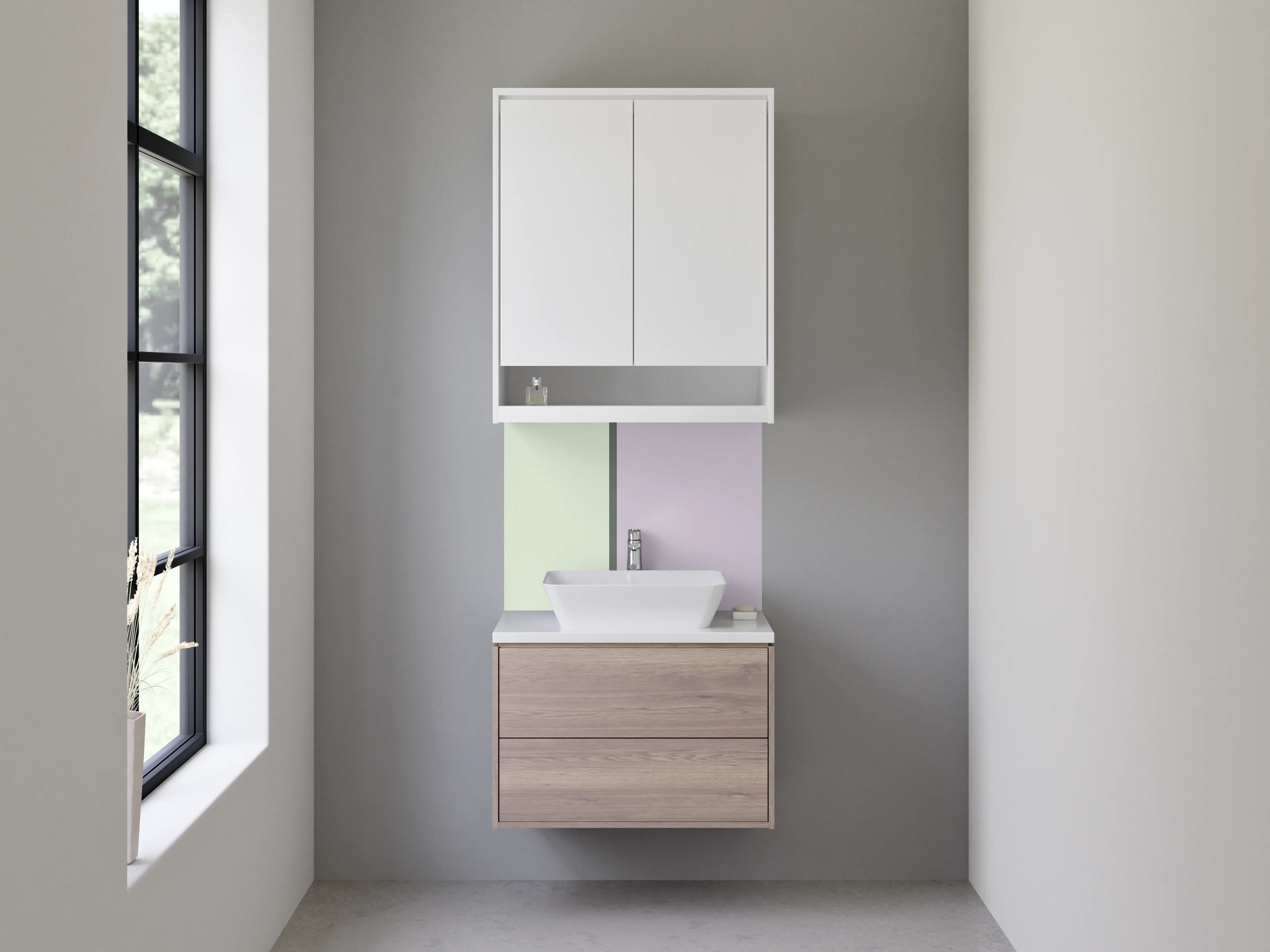 Waschbecken-Rückwand - Pastellfarbene Flächen in Grün und Lila