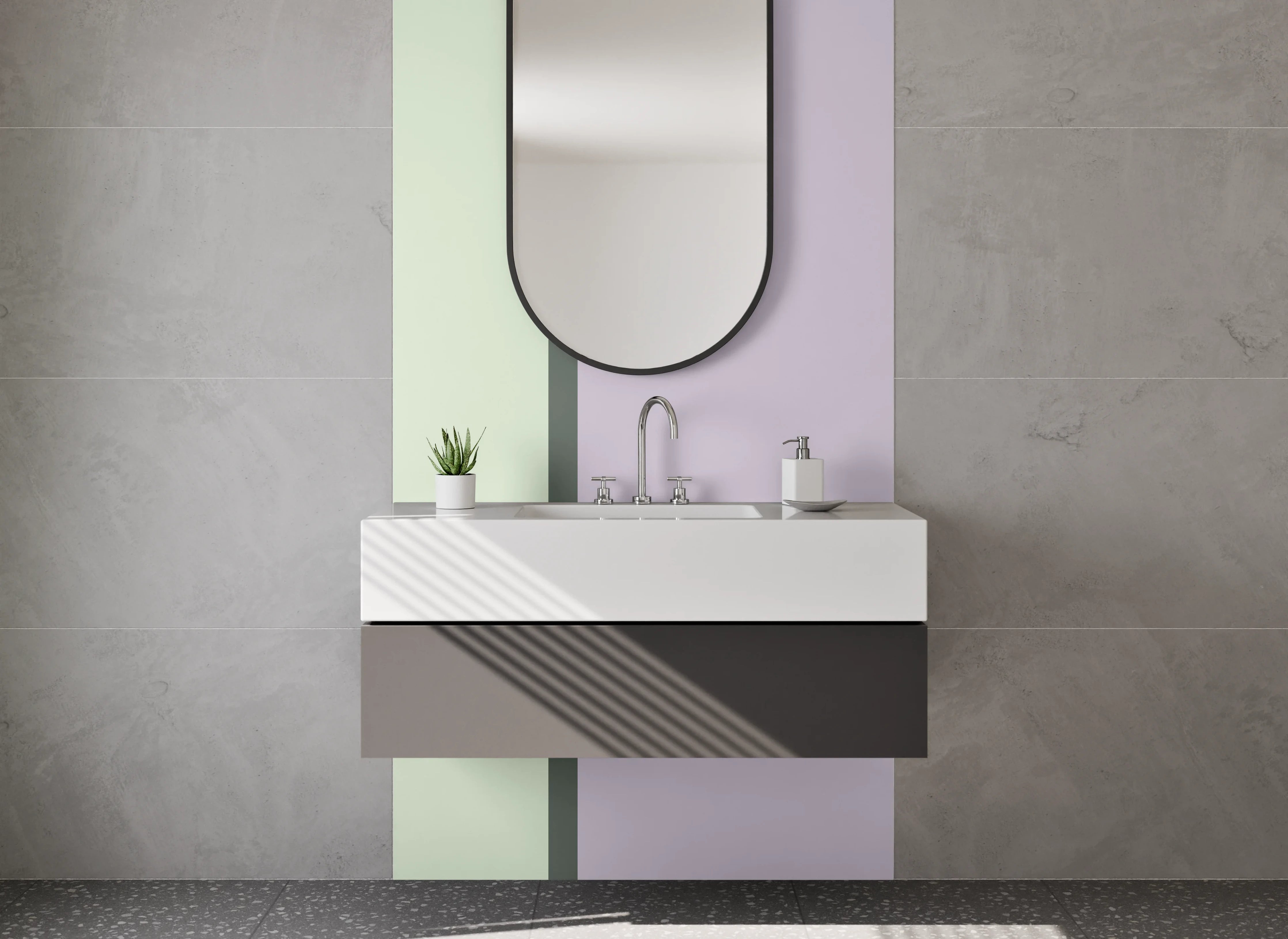 Waschbecken-Rückwand - Pastellfarbene Flächen in Grün und Lila