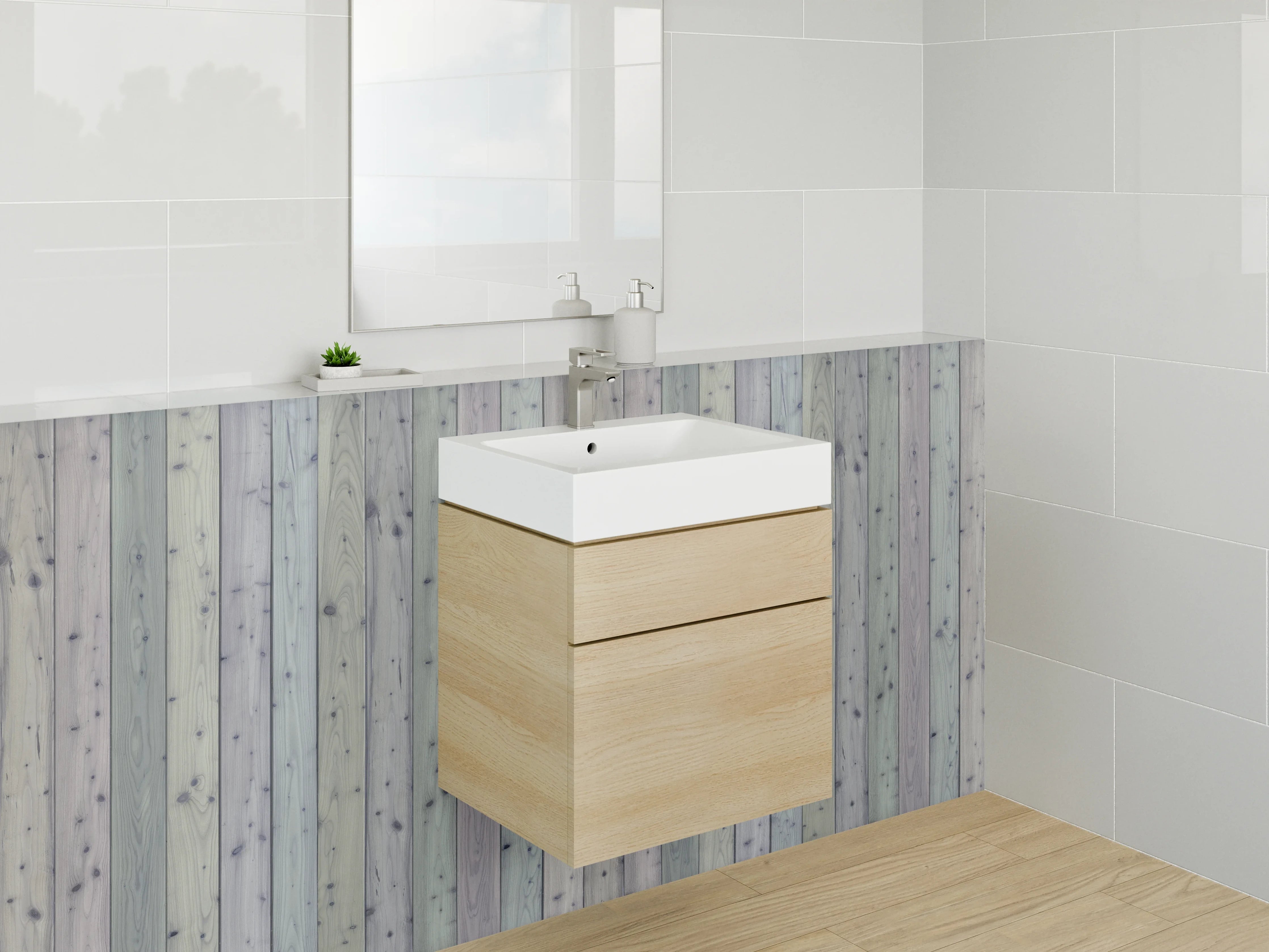 Waschbecken-Rückwand - Pastellfarbene Vintage-Holzplanken