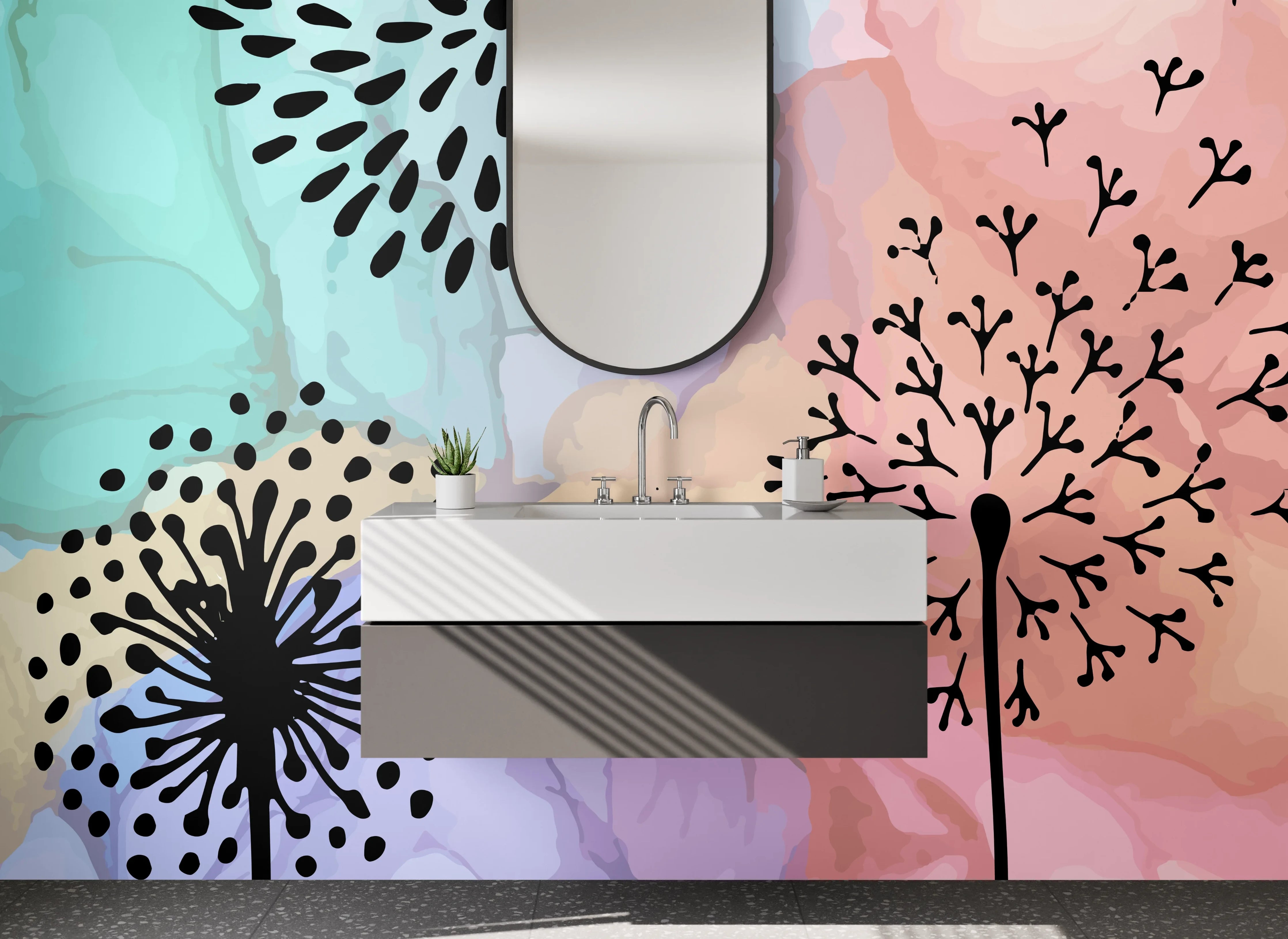 Waschbecken-Rückwand - Pastellgrau Blumenmuster