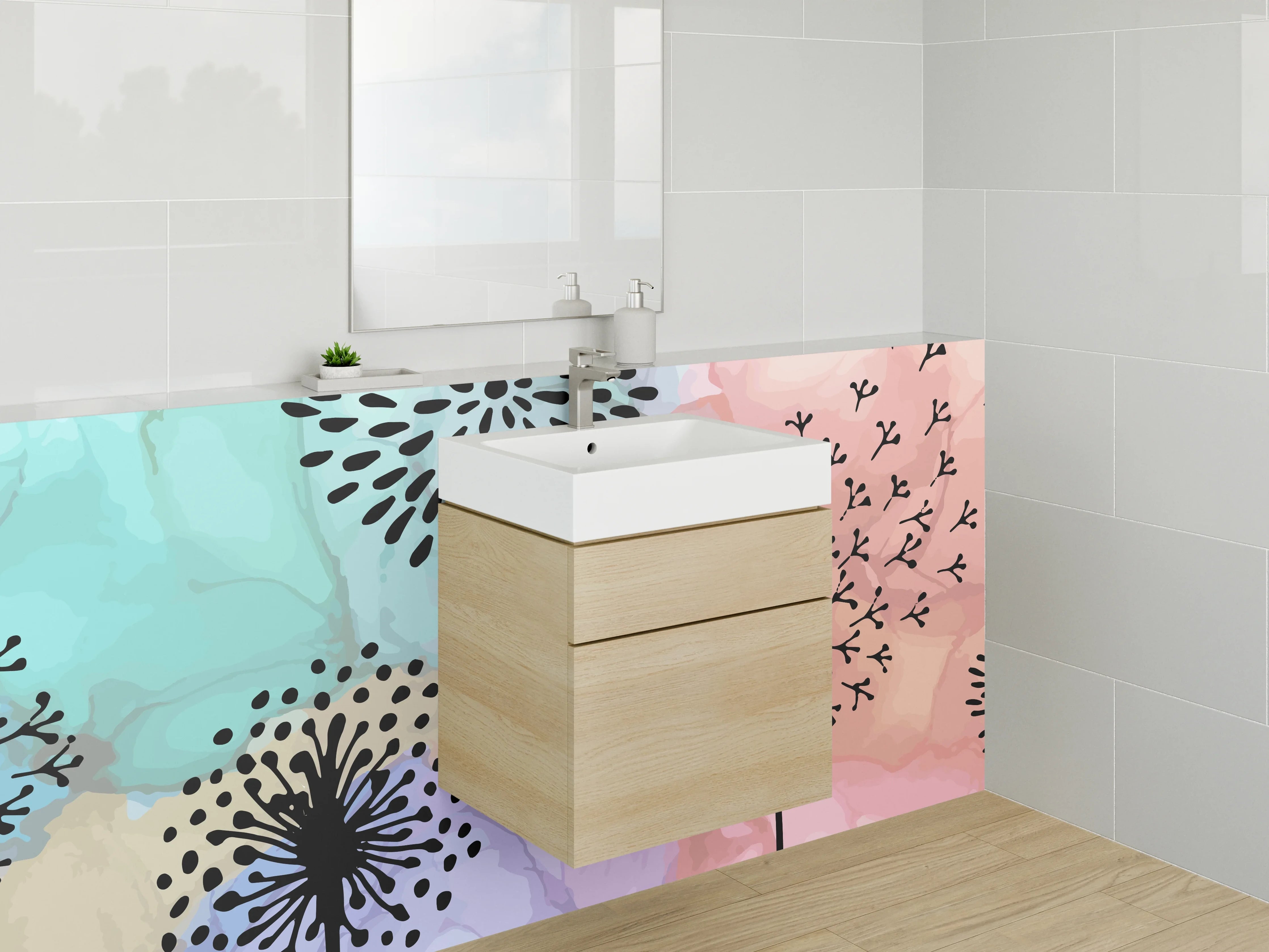 Waschbecken-Rückwand - Pastellgrau Blumenmuster