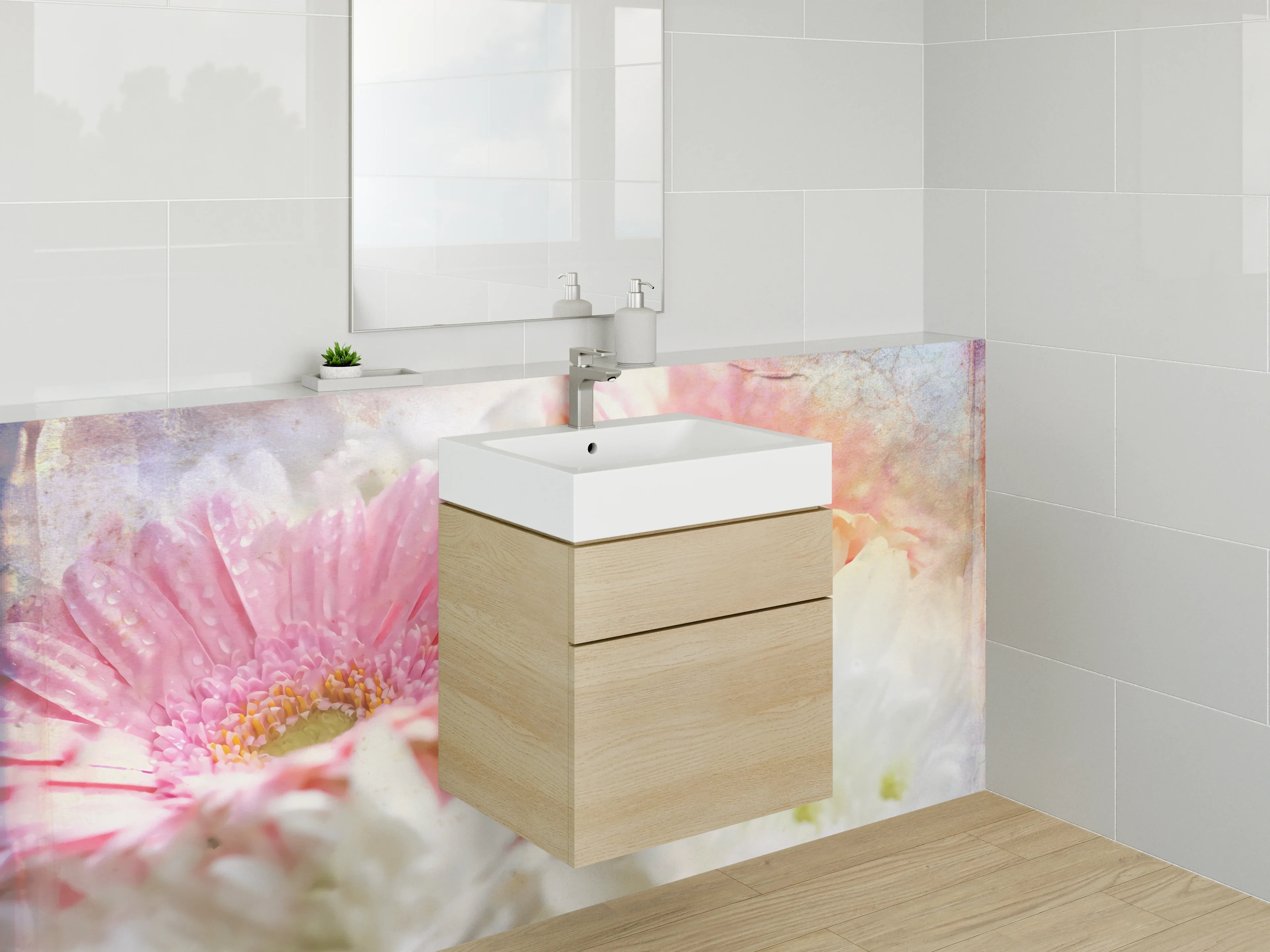 Waschbecken-Rückwand - Pastellige Blumen Aquarell auf Weiß