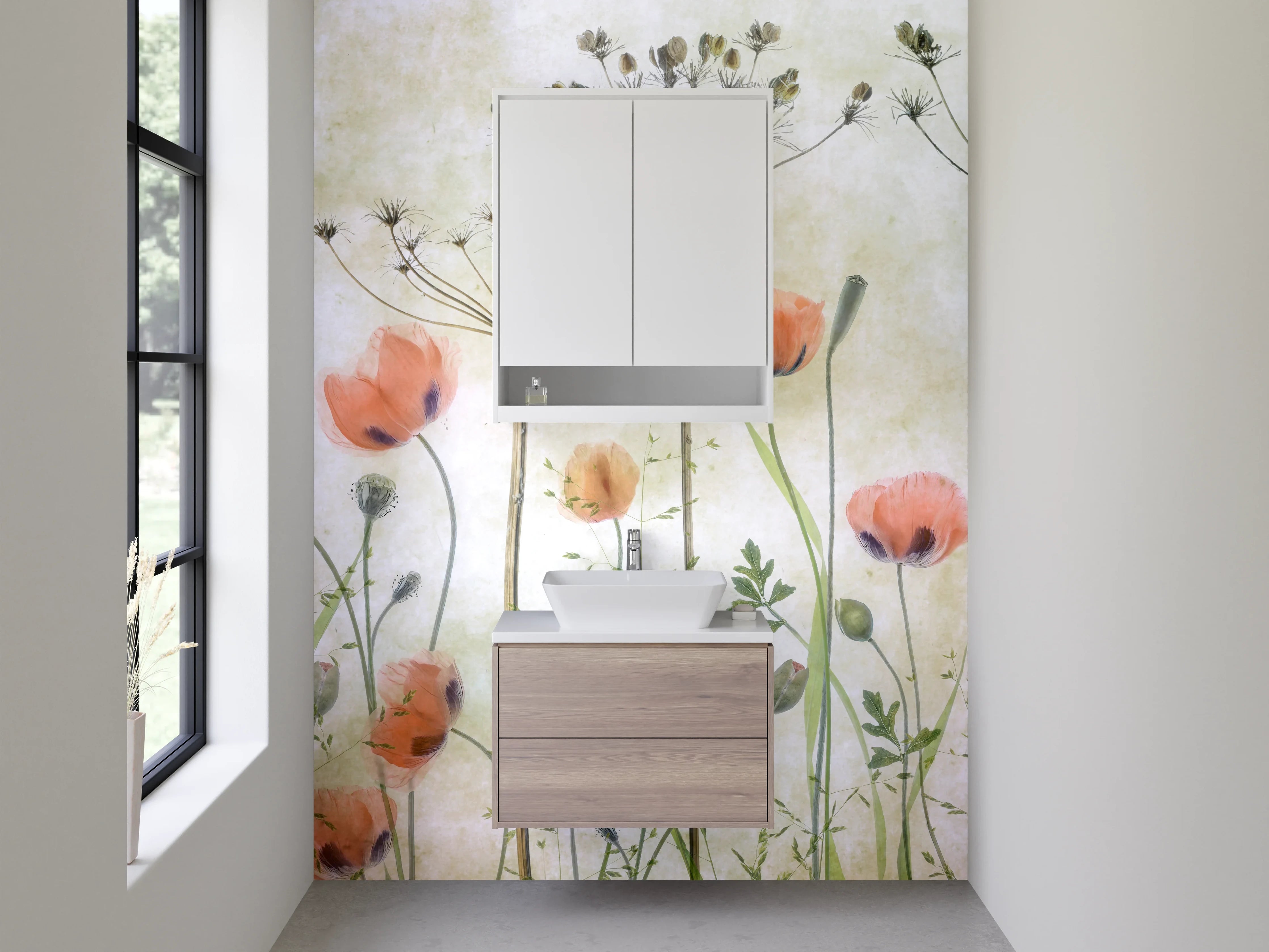 Waschbecken-Rückwand - Pastellwiese mit weißen Blüten in Grautönen