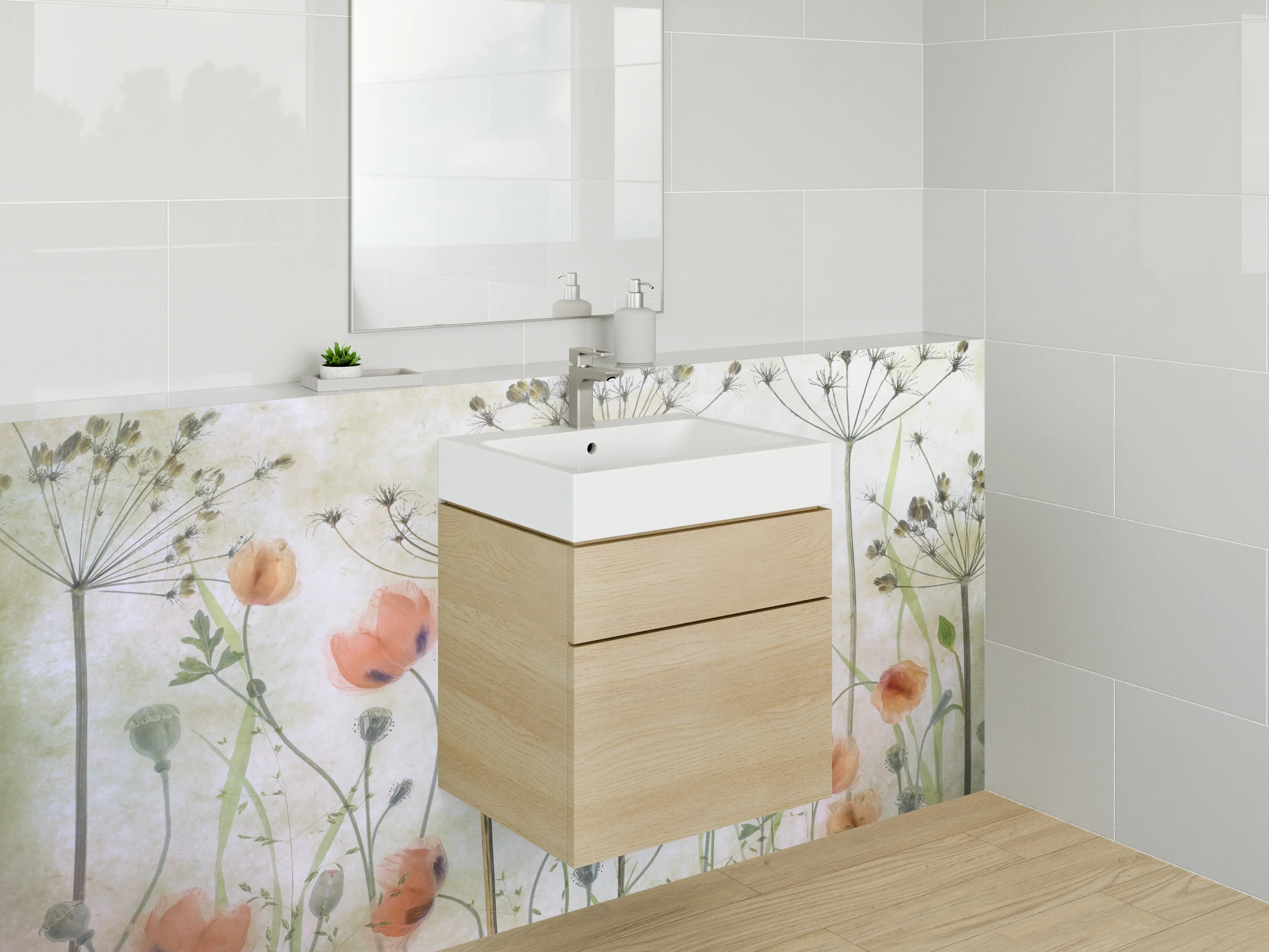 Waschbecken-Rückwand - Pastellwiese mit weißen Blüten in Grautönen