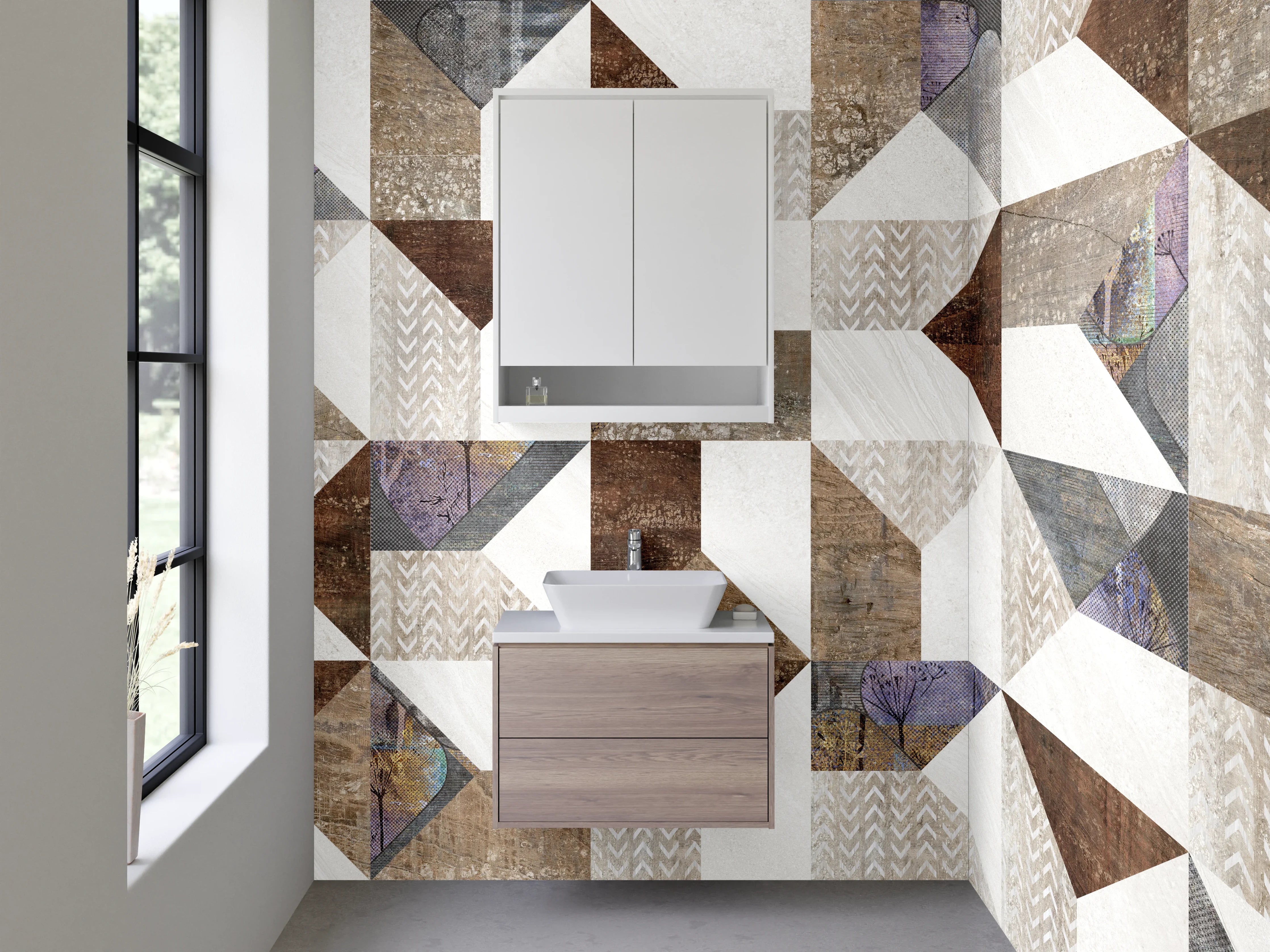 Waschbecken-Rückwand - Patchwork Fliesenmuster Braun Beige Weiß
