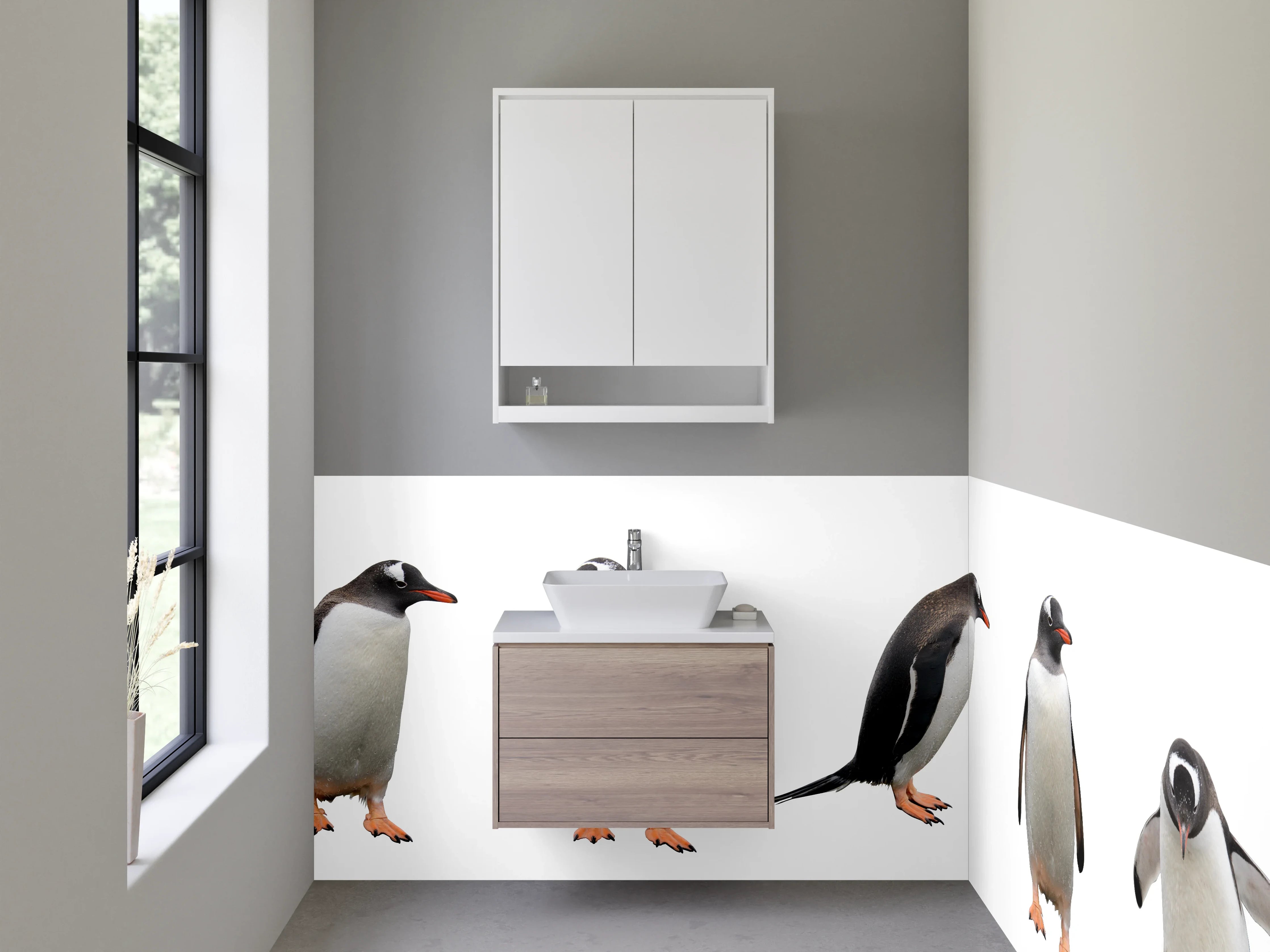 Waschbecken-Rückwand - Pinguine Gruppe weiß-grau Schwarz-Weiß