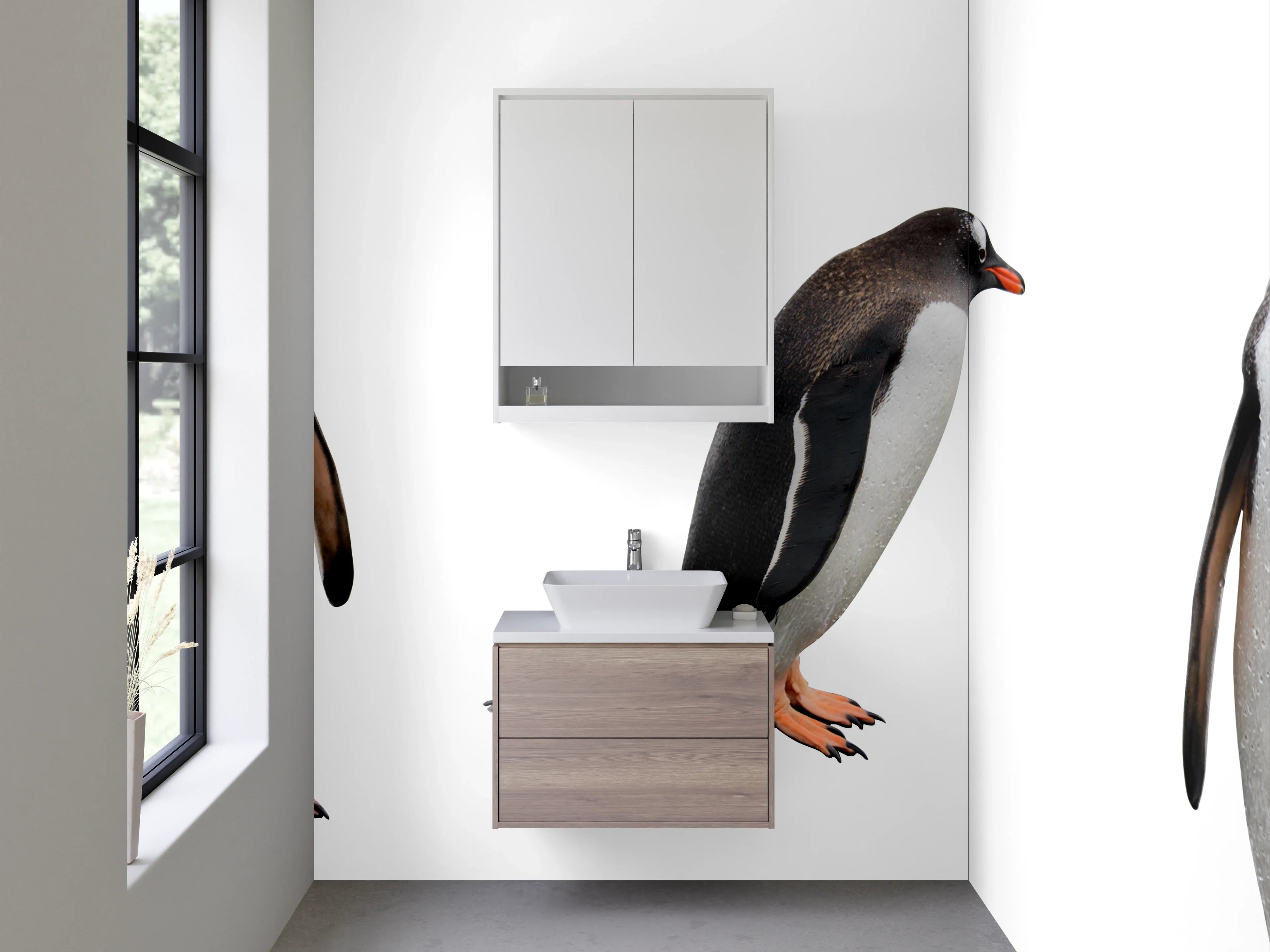 Waschbecken-Rückwand - Pinguine Gruppe weiß-grau Schwarz-Weiß