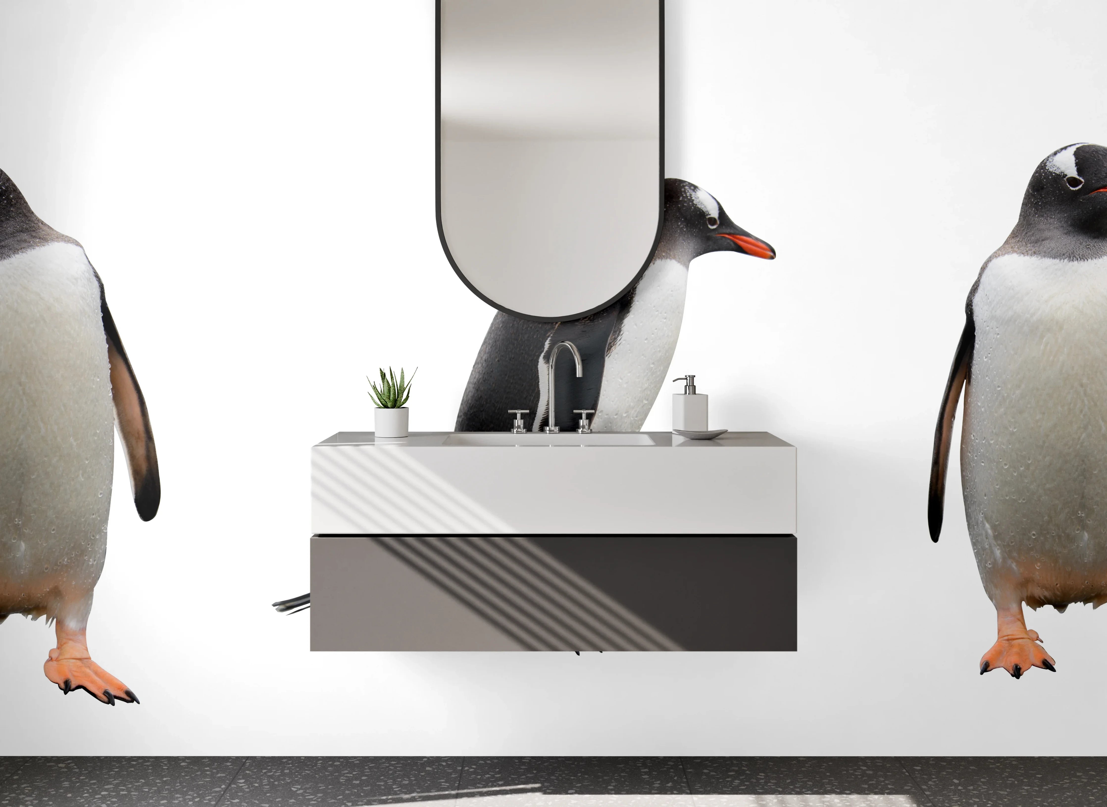 Waschbecken-Rückwand - Pinguine Gruppe weiß-grau Schwarz-Weiß