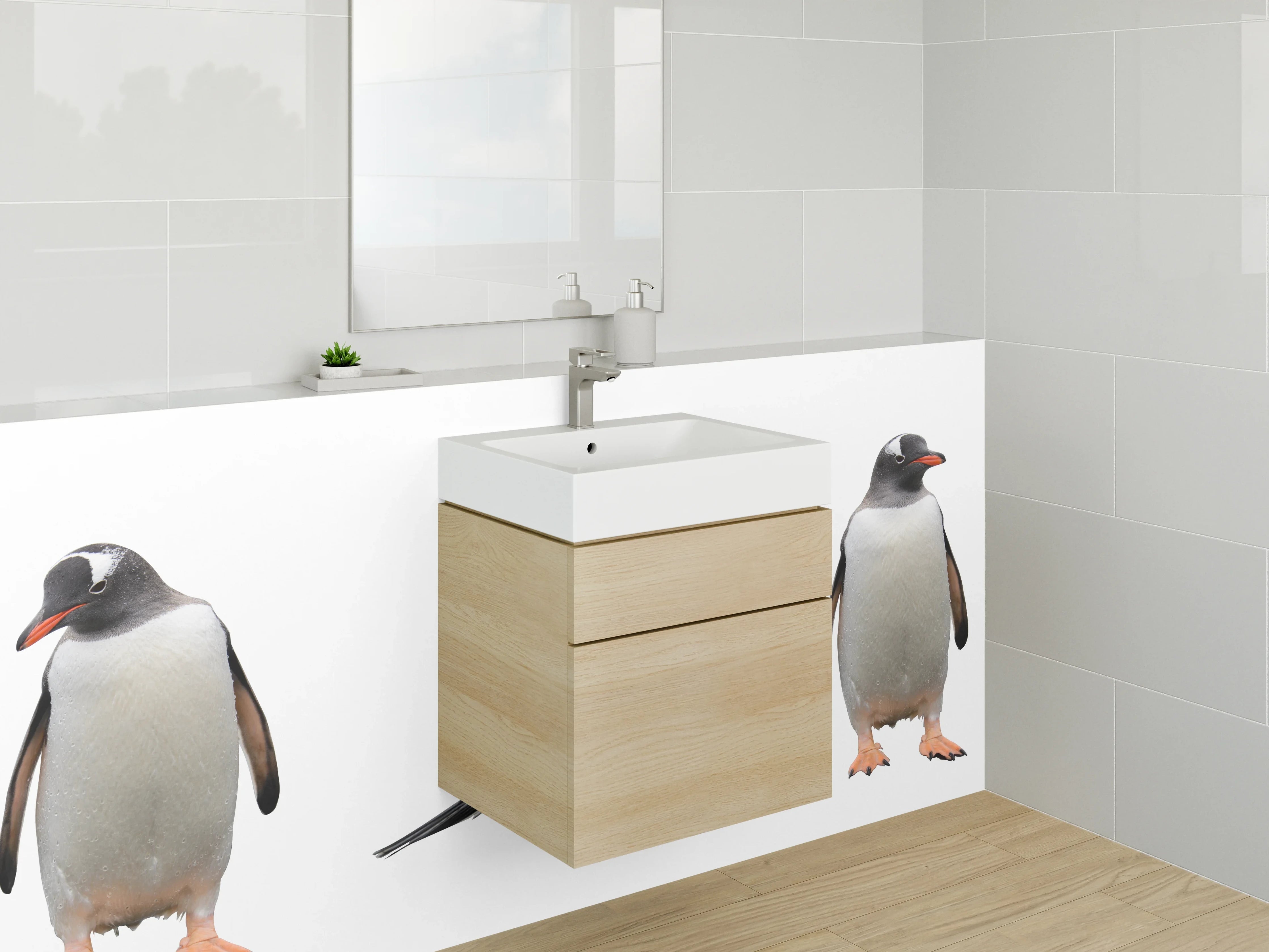 Waschbecken-Rückwand - Pinguine Gruppe weiß-grau Schwarz-Weiß