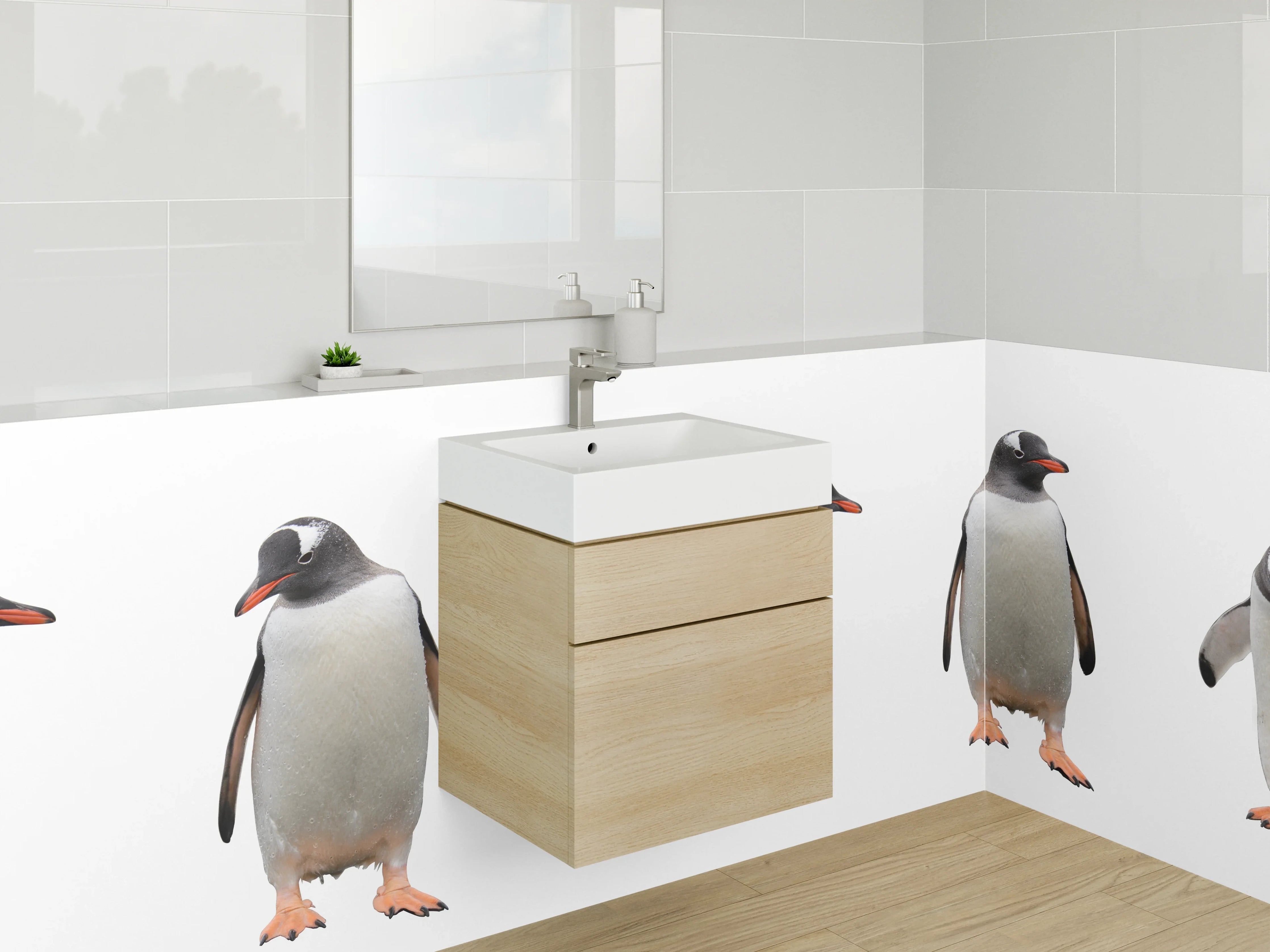 Waschbecken-Rückwand - Pinguine Gruppe weiß-grau Schwarz-Weiß