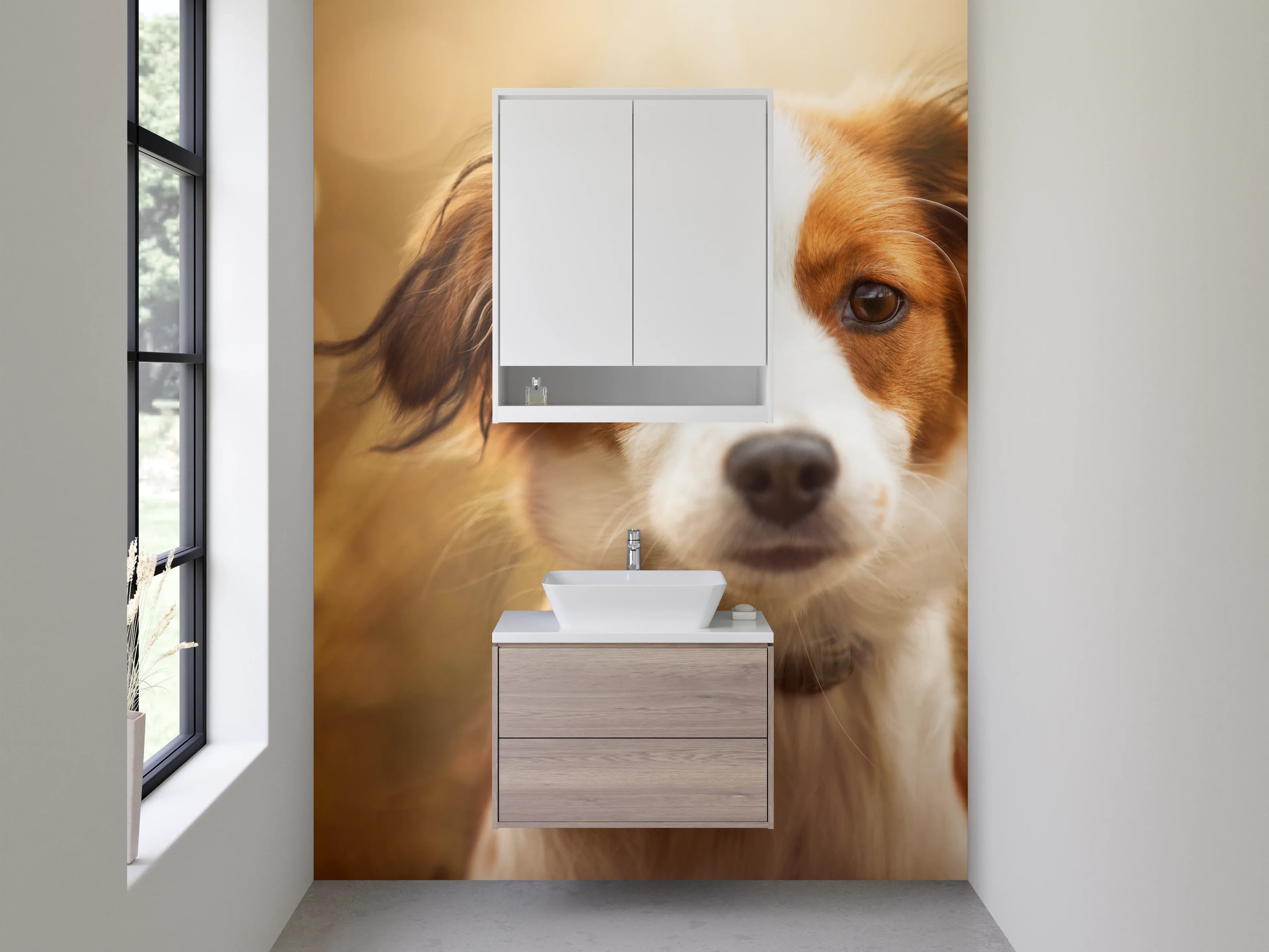 Waschbecken-Rückwand - Porträt eines süßen braun-weißen Hundes