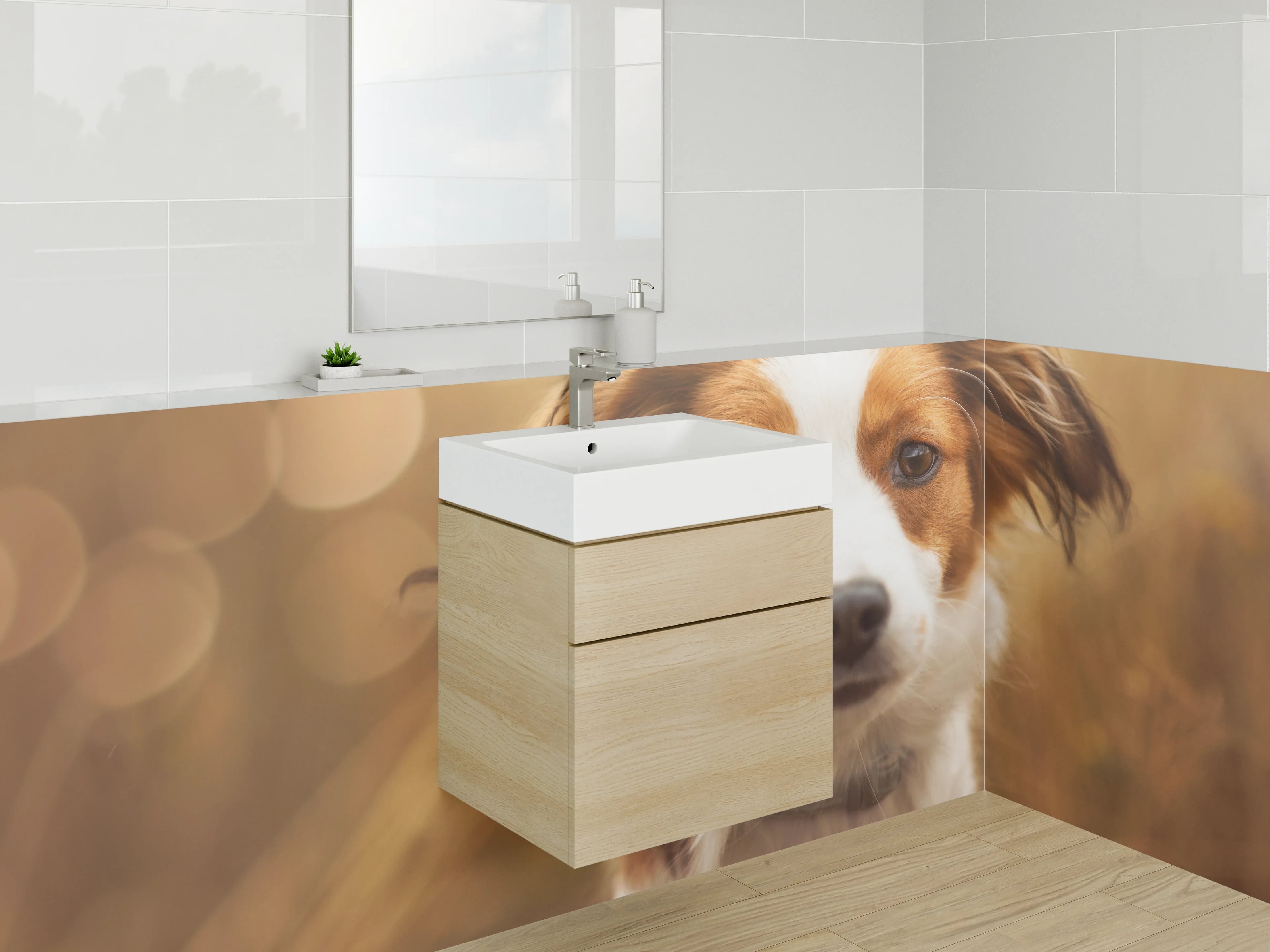 Waschbecken-Rückwand - Porträt eines süßen braun-weißen Hundes