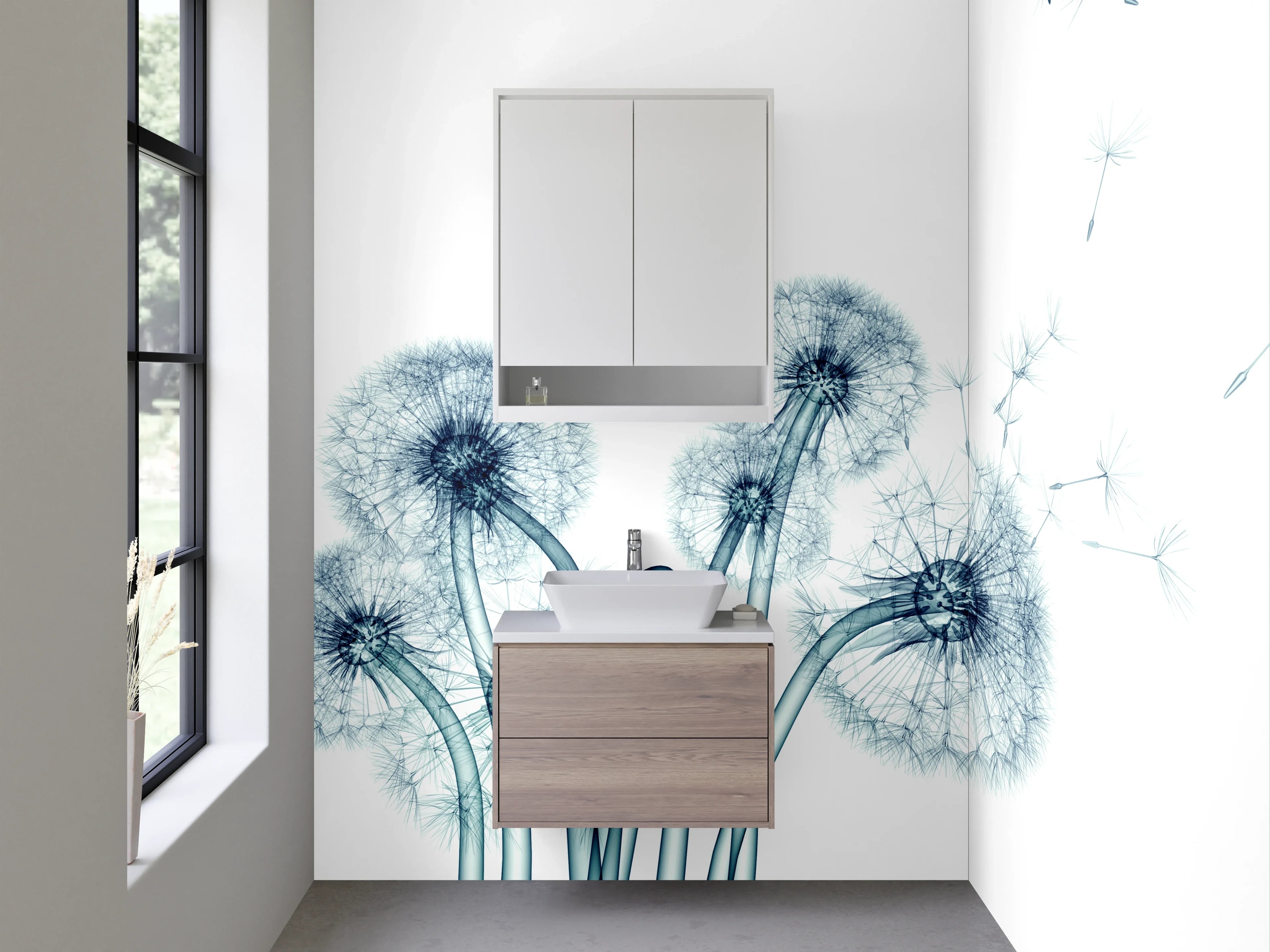 Waschbecken-Rückwand - Pusteblumen Illustration in Blau und Weiß