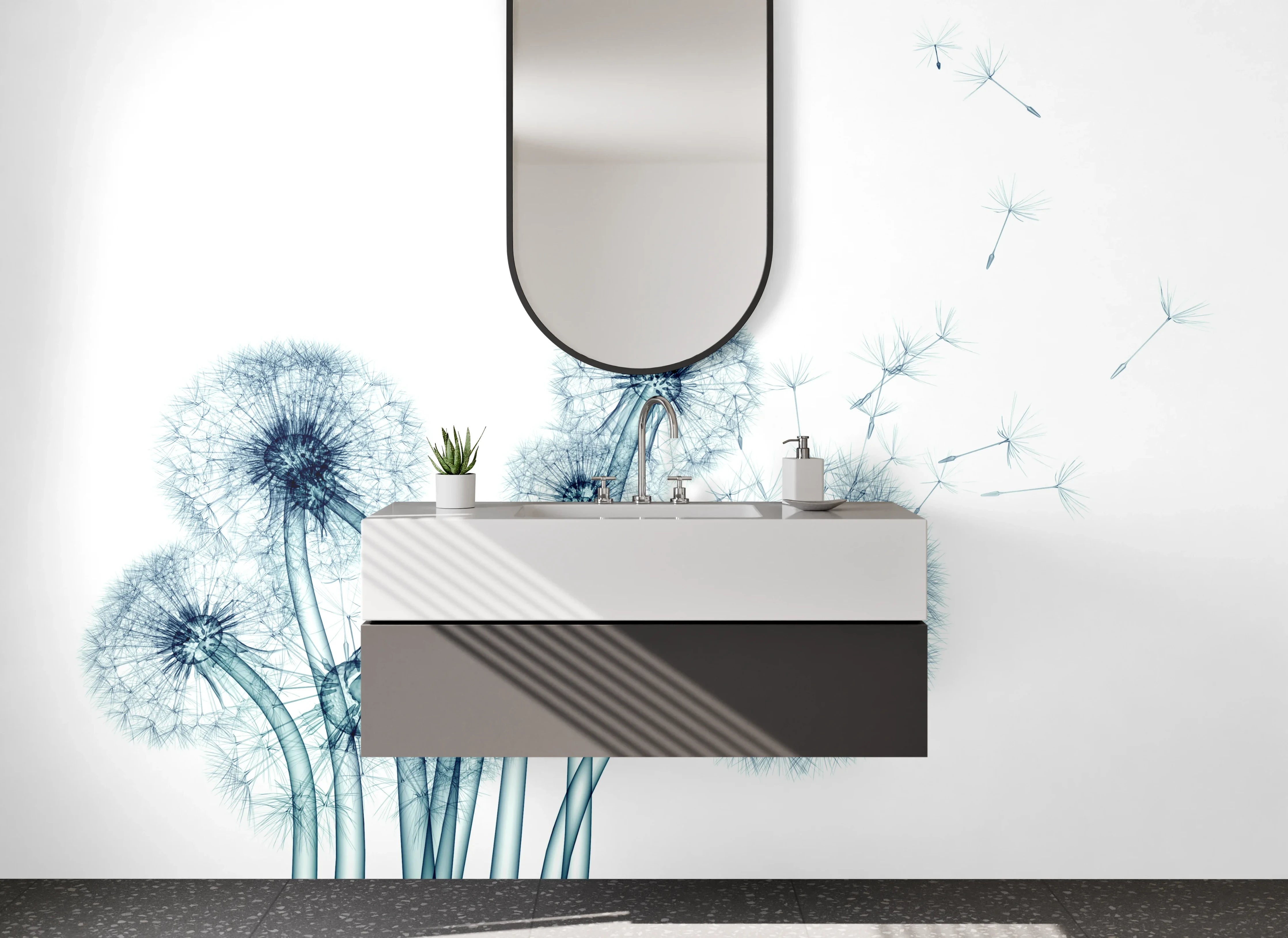 Waschbecken-Rückwand - Pusteblumen Illustration in Blau und Weiß
