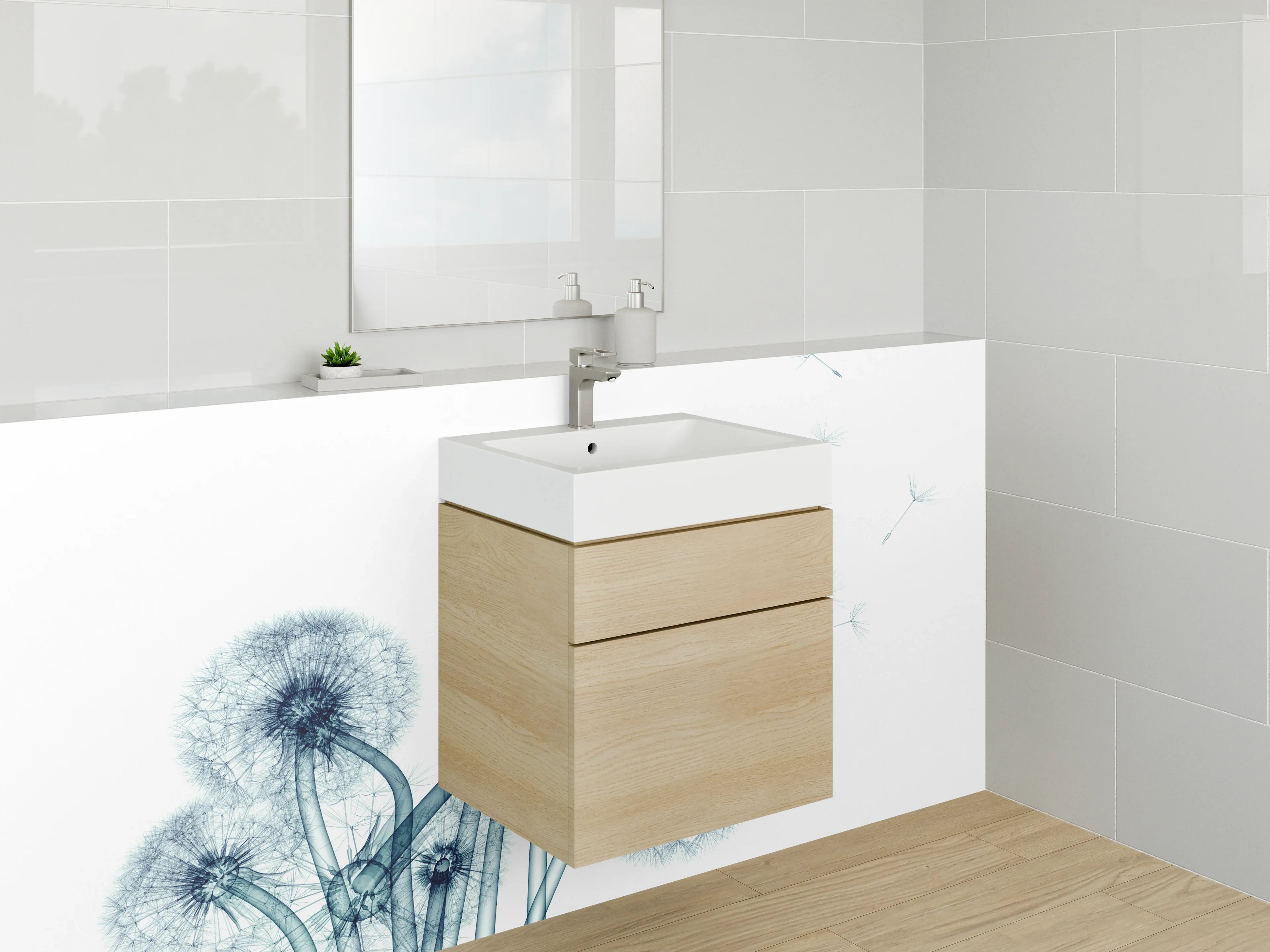 Waschbecken-Rückwand - Pusteblumen Illustration in Blau und Weiß