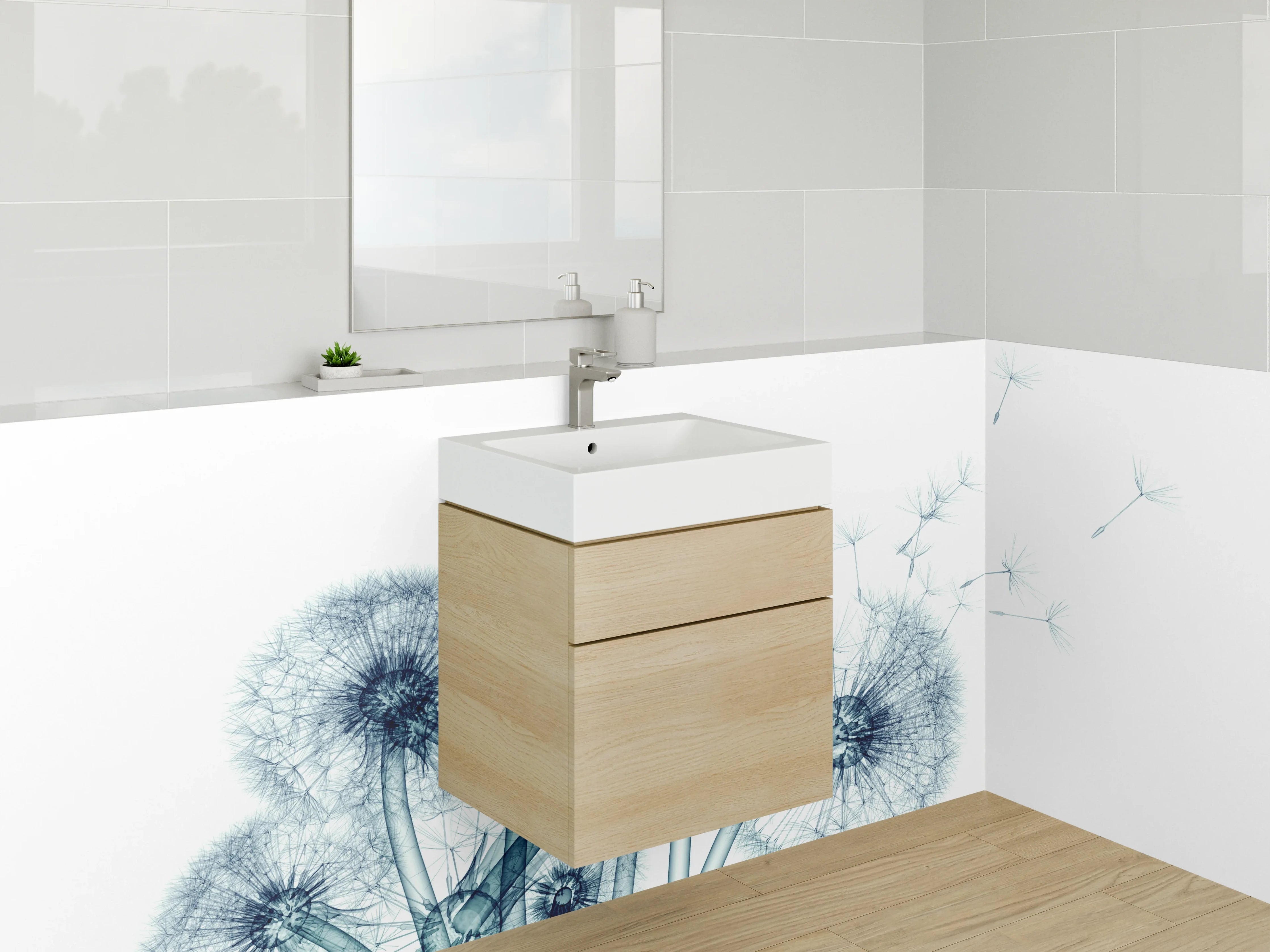 Waschbecken-Rückwand - Pusteblumen Illustration in Blau und Weiß