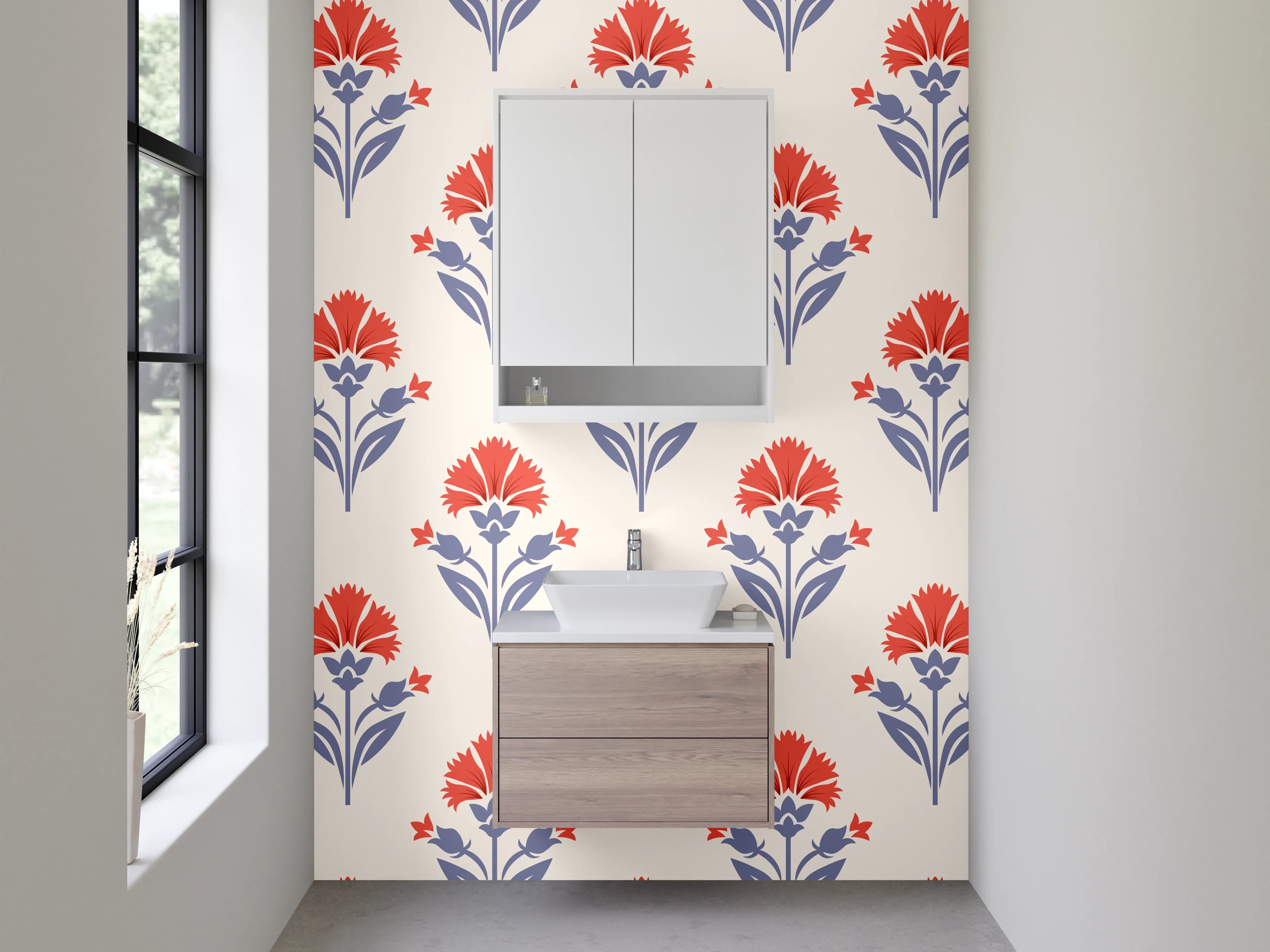 Waschbecken-Rückwand - Retro-Blumenmuster Beige Rot Blau