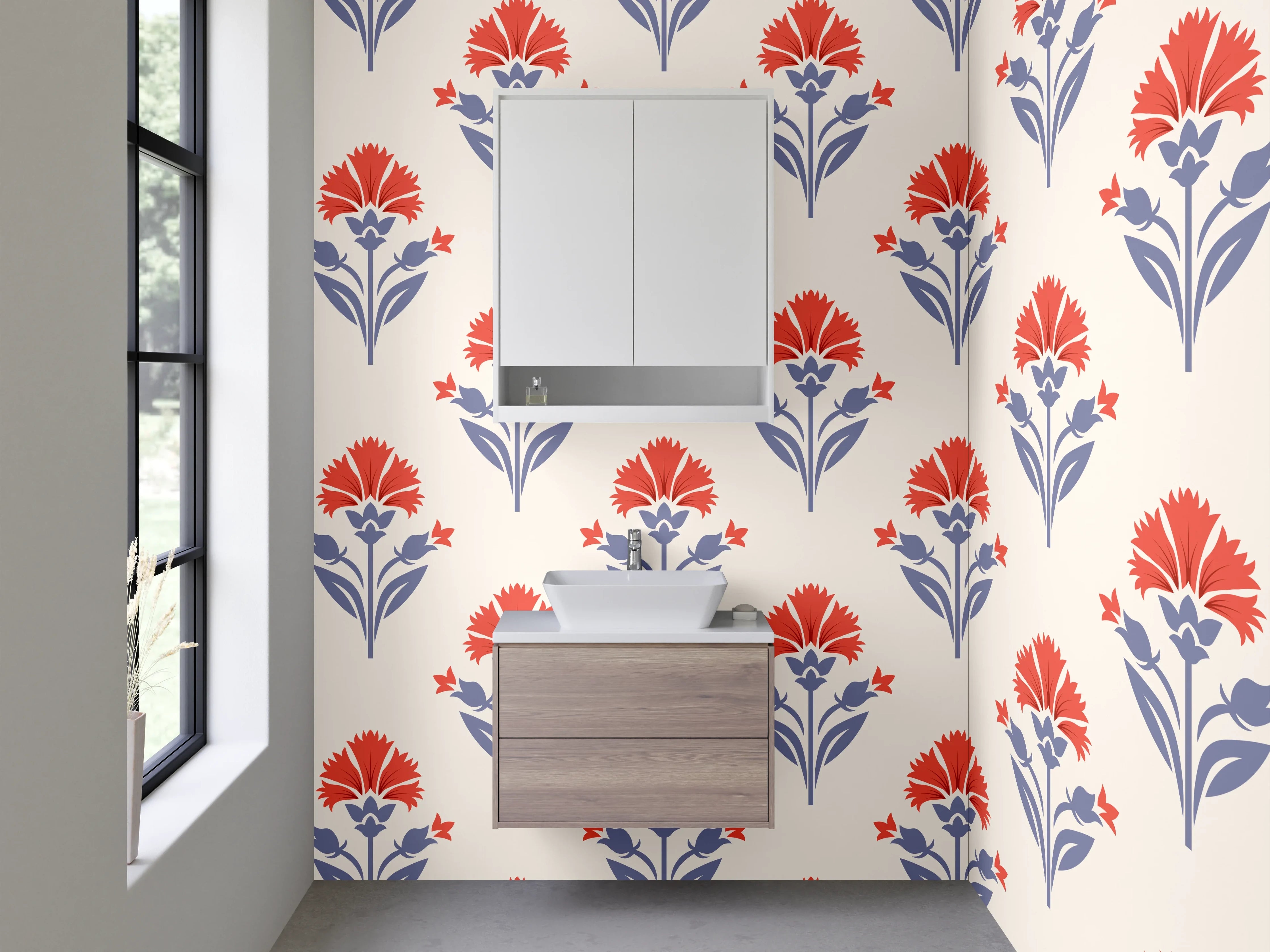 Waschbecken-Rückwand - Retro-Blumenmuster Beige Rot Blau