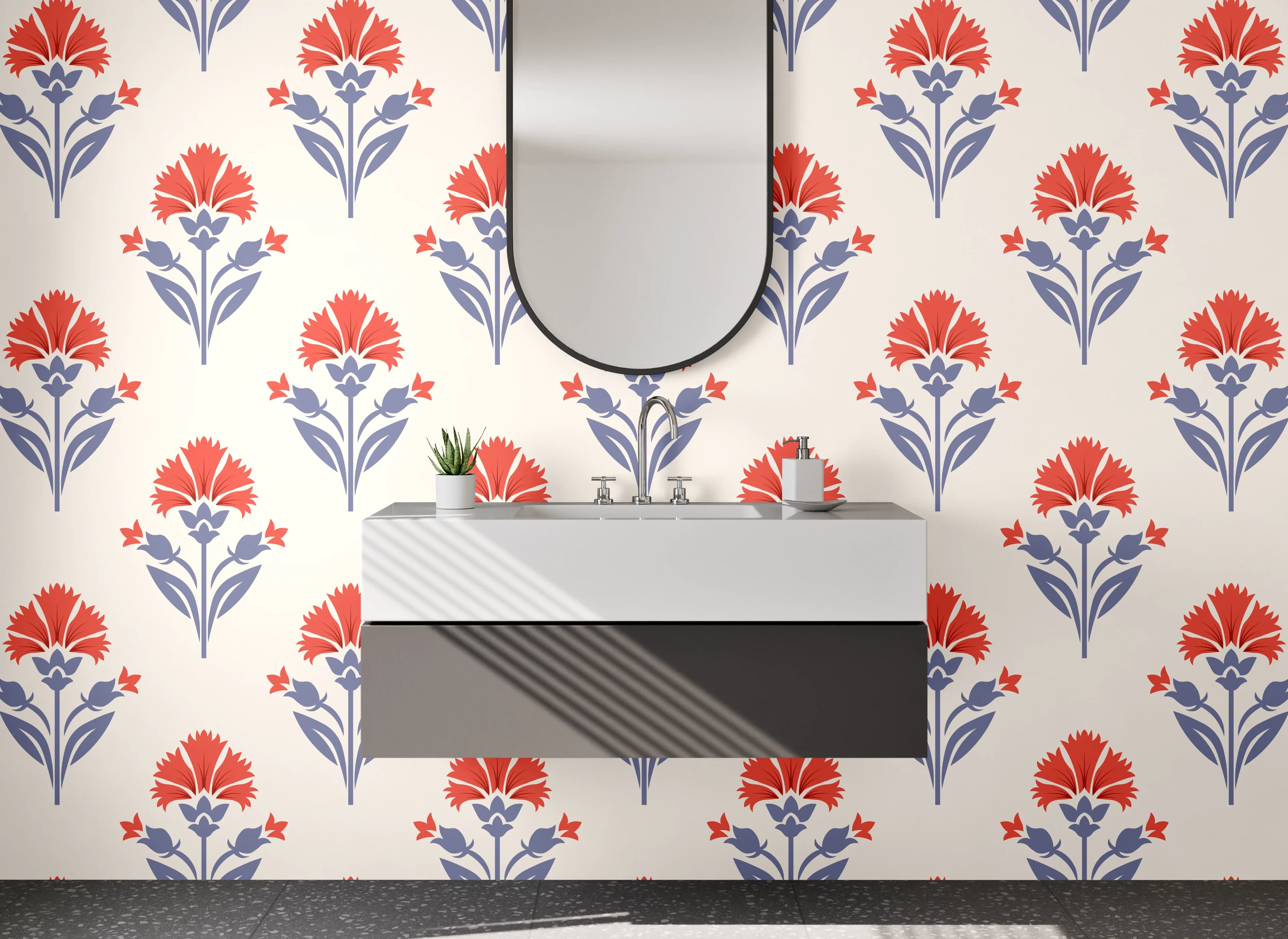 Waschbecken-Rückwand - Retro-Blumenmuster Beige Rot Blau